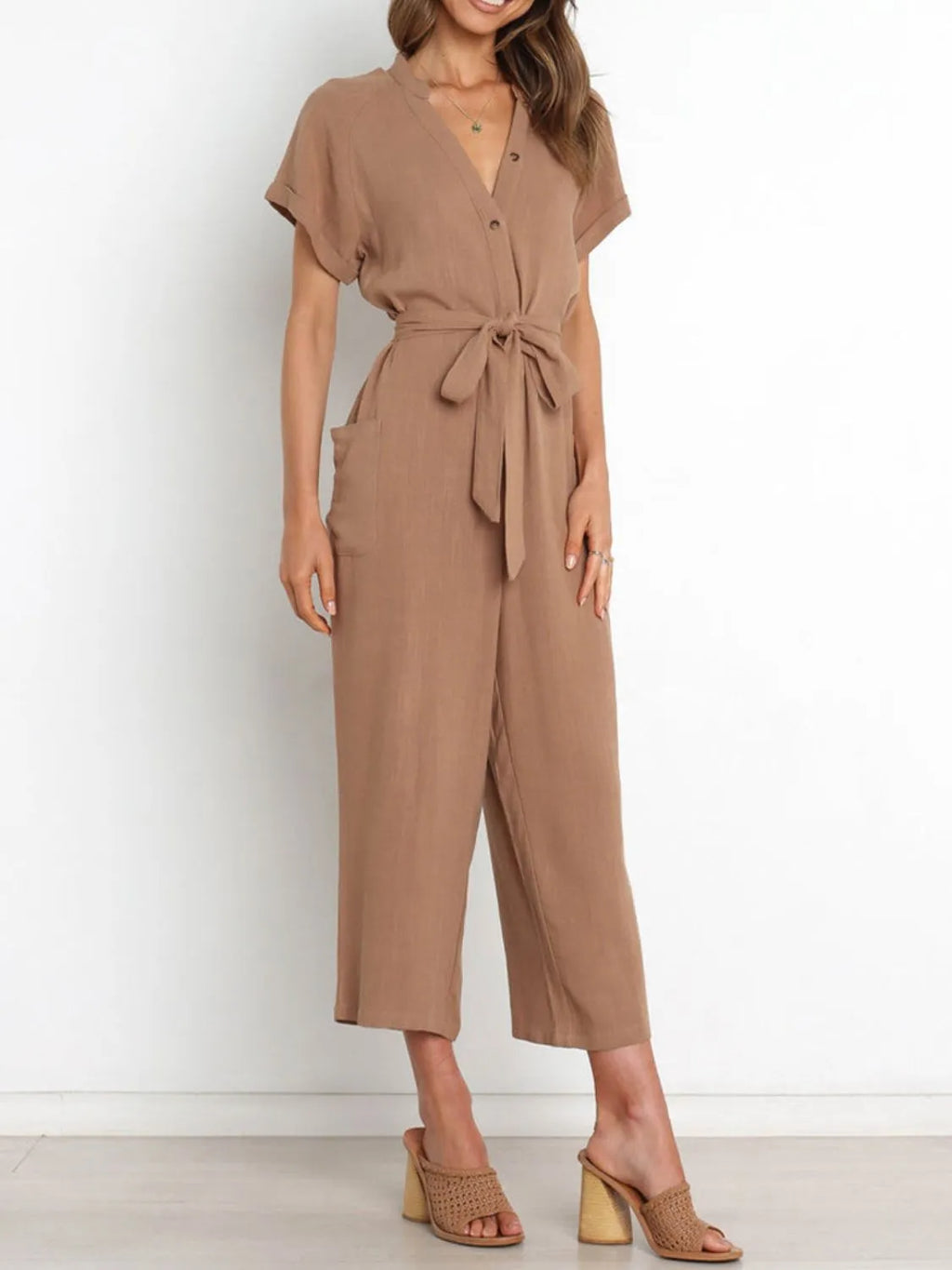 Notched Short Sleeve Tie Waist Jumpsuit