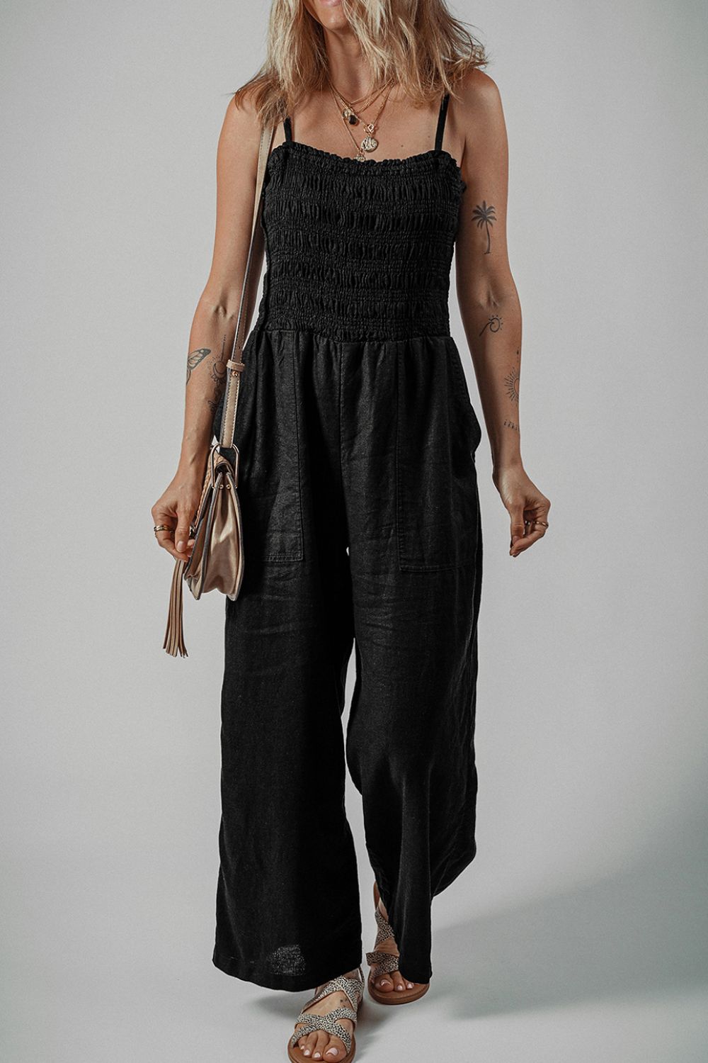 Smocked Spaghetti Straps Wide Leg Jumpsuit