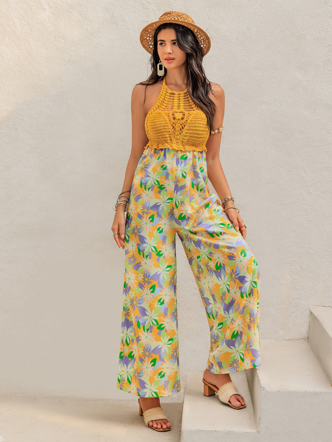 Openwork Halter Neck Floral Wide Leg Jumpsuit