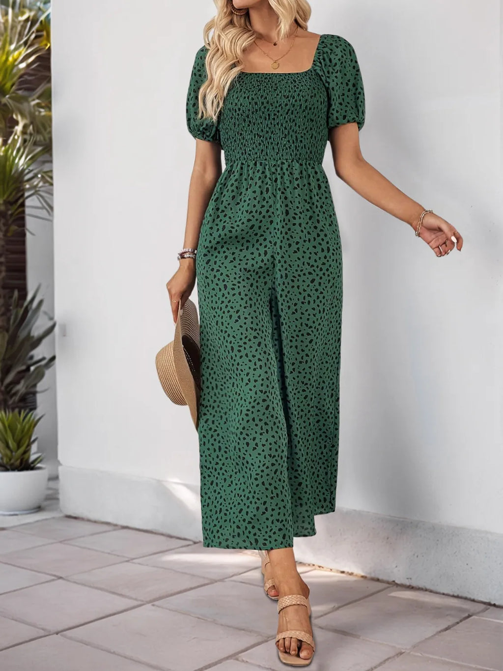 Printed Square Neck Puff Sleeve Jumpsuit