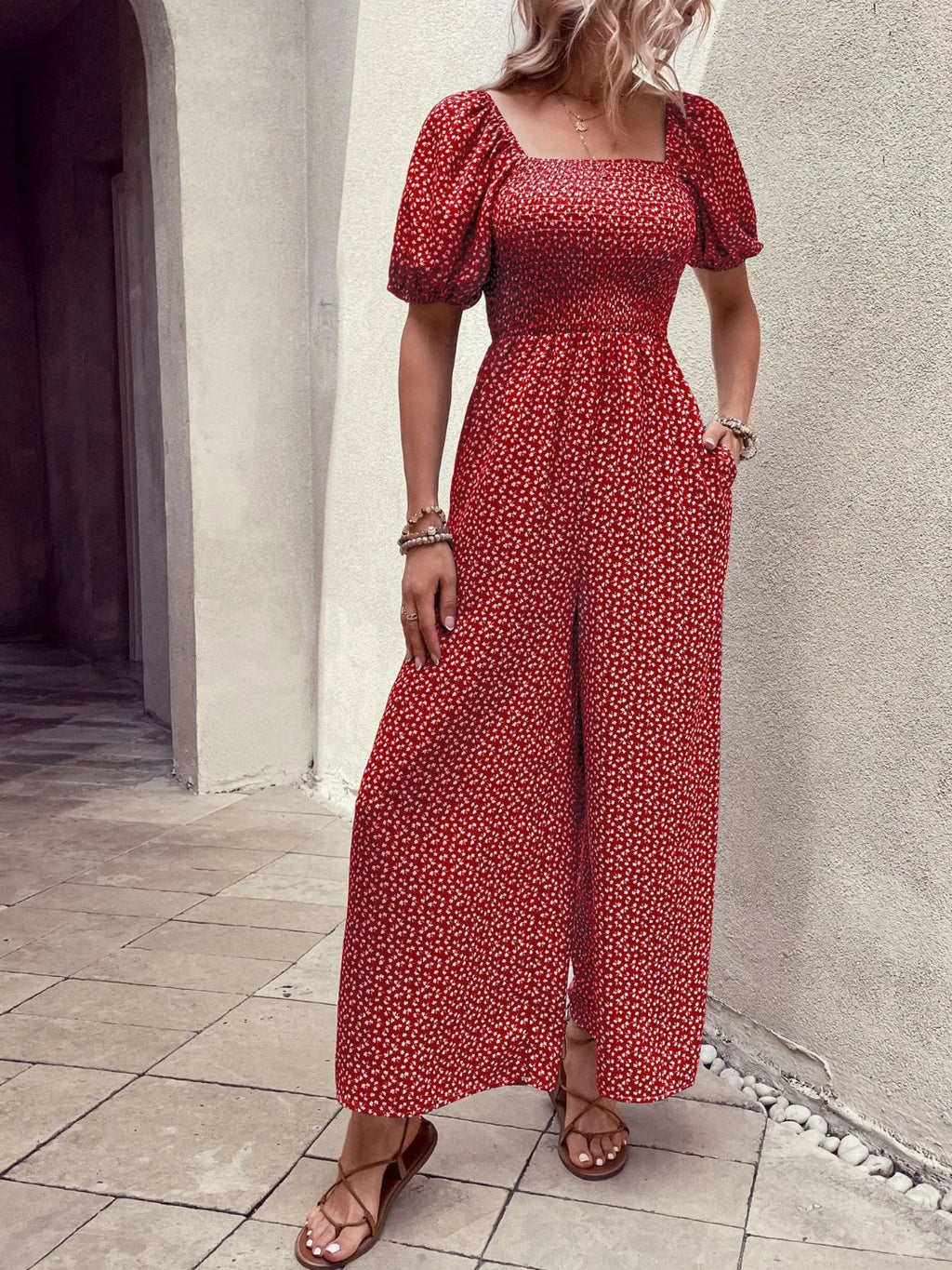Printed Square Neck Puff Sleeve Jumpsuit