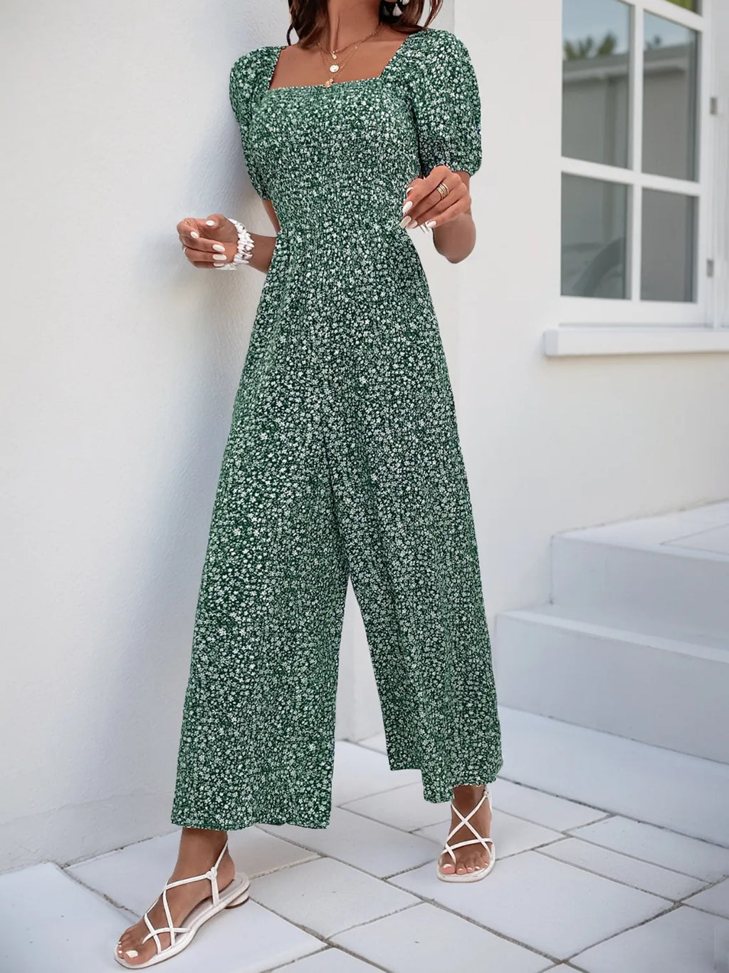 Printed Square Neck Puff Sleeve Jumpsuit