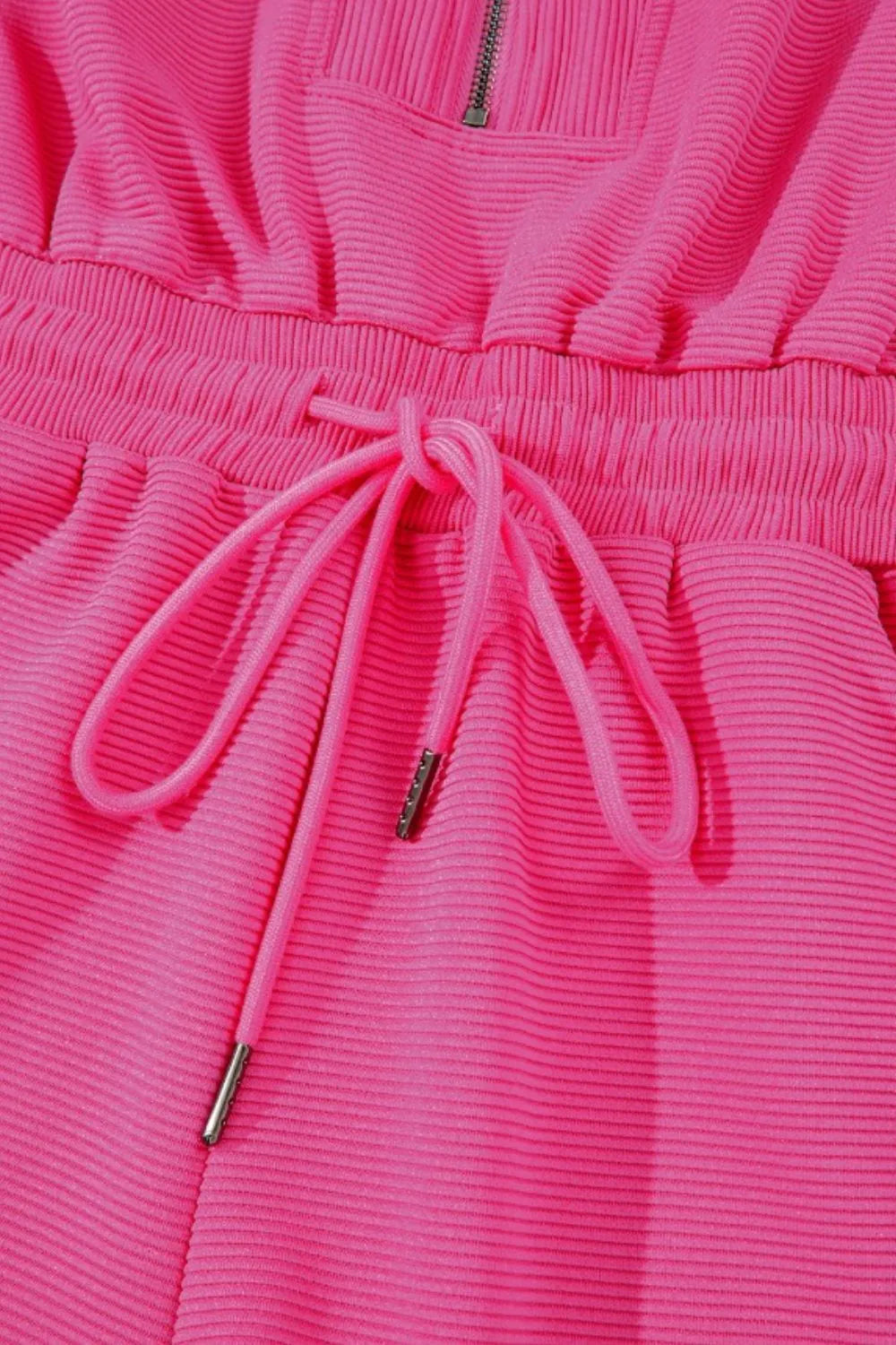 Textured Short Sleeve Half Zip Drawstring Waist Romper