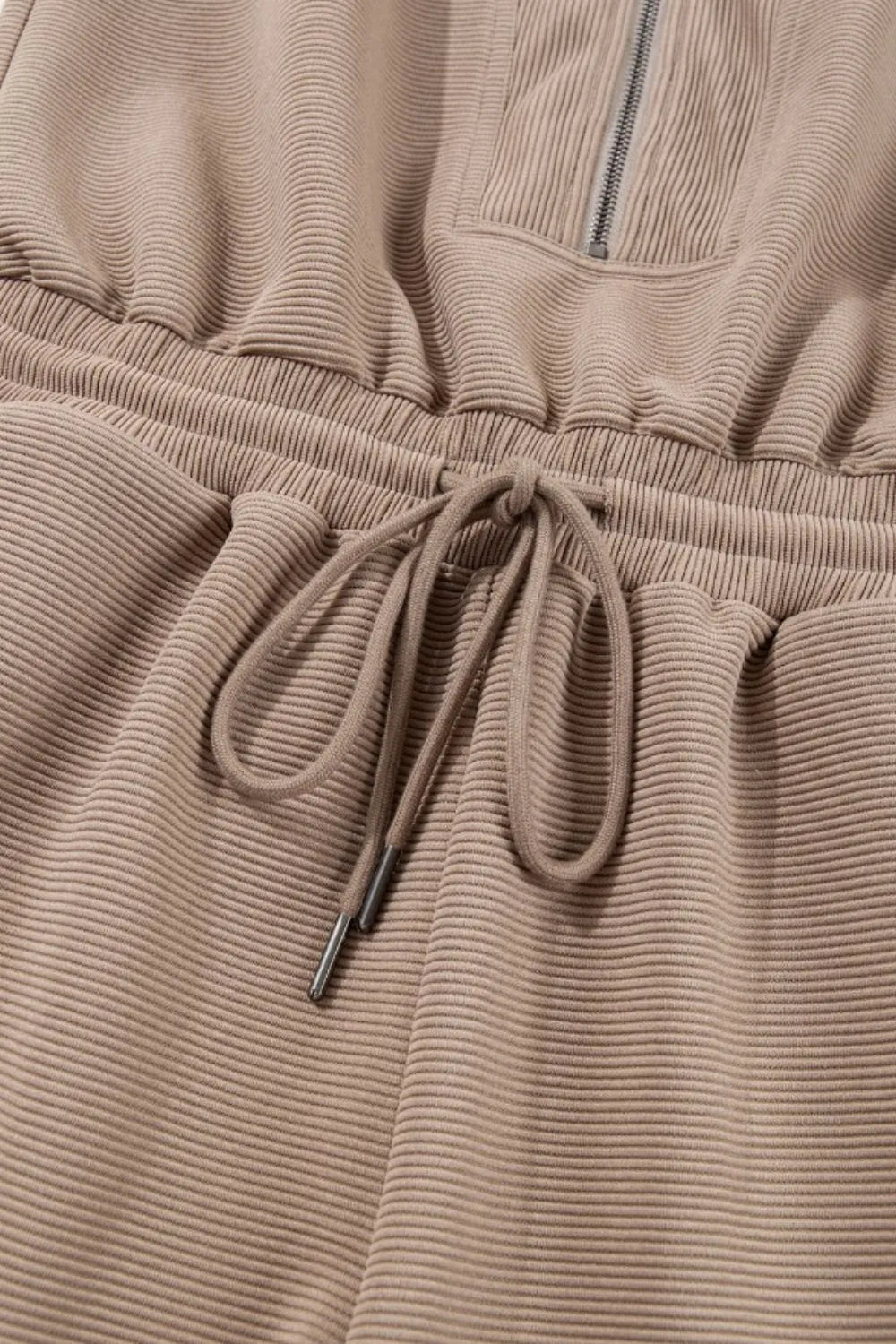 Textured Short Sleeve Half Zip Drawstring Waist Romper