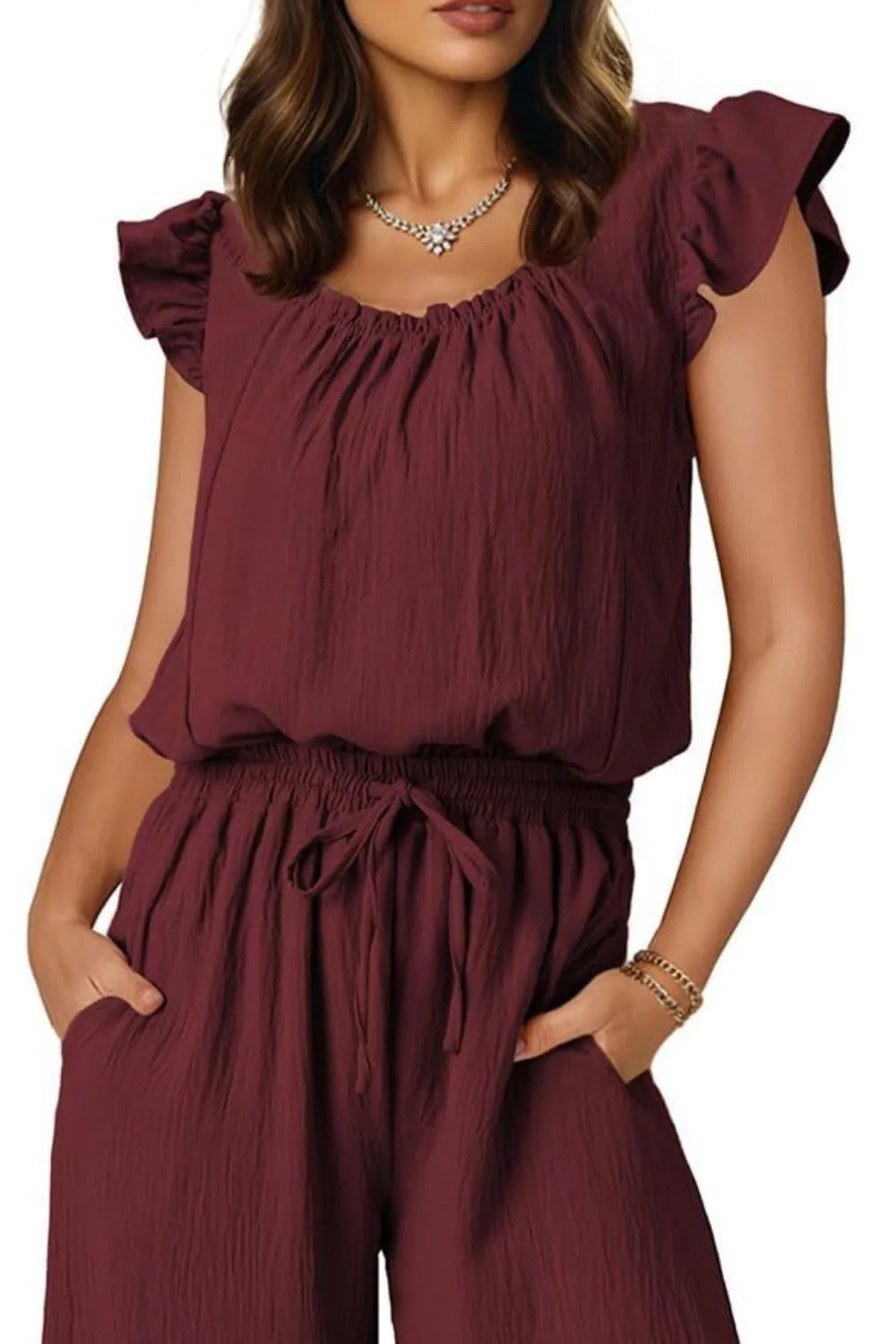 Ruffled Cap Sleeve Wide Leg Jumpsuit
