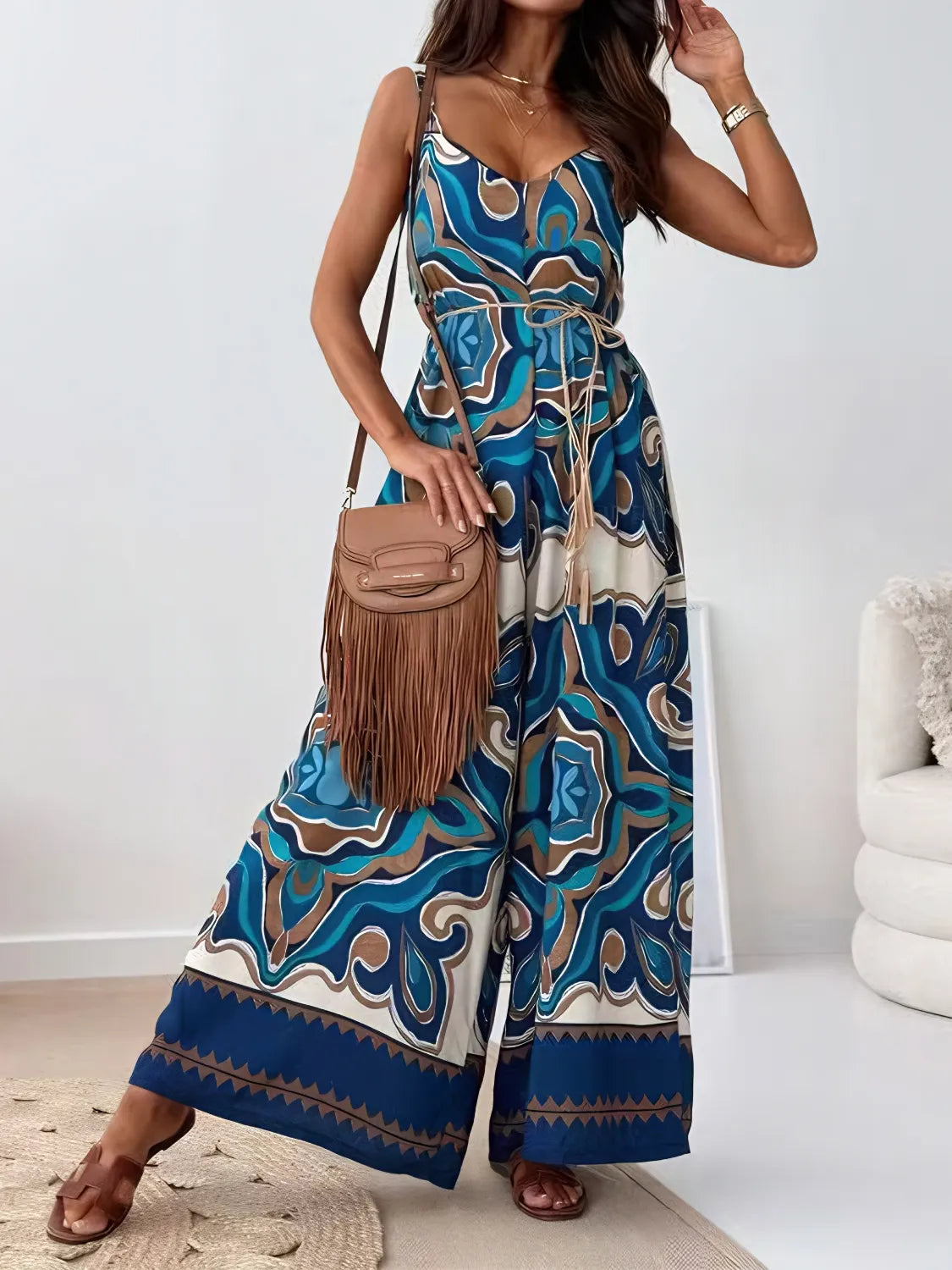 Printed V-Neck Wide Leg Jumpsuit