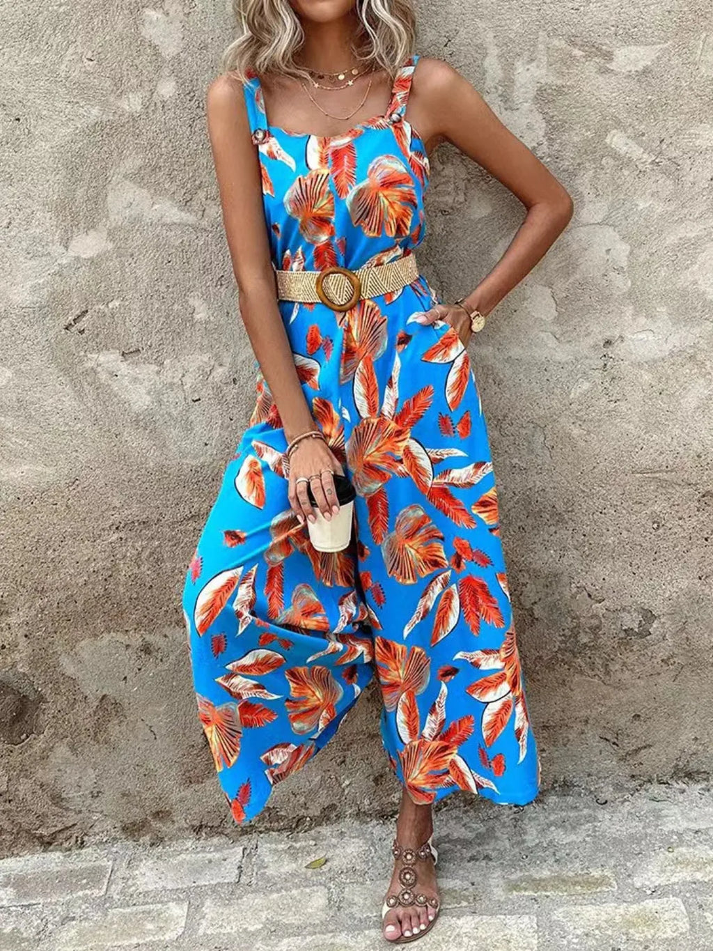 Printed Tropical Jumpsuit with Belted