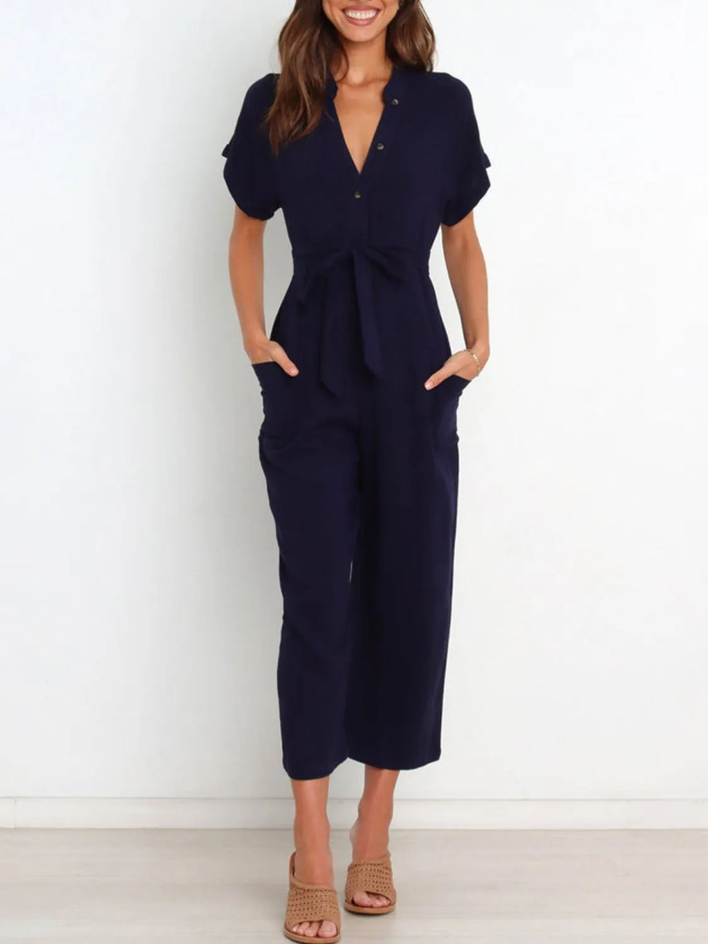 Notched Short Sleeve Tie Waist Jumpsuit