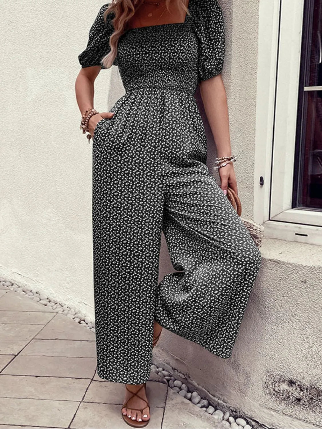 Printed Square Neck Puff Sleeve Jumpsuit