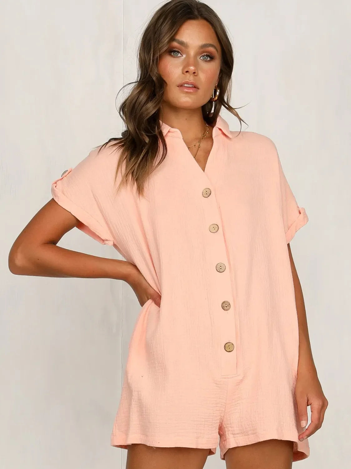 Button Front Short Sleeve Romper