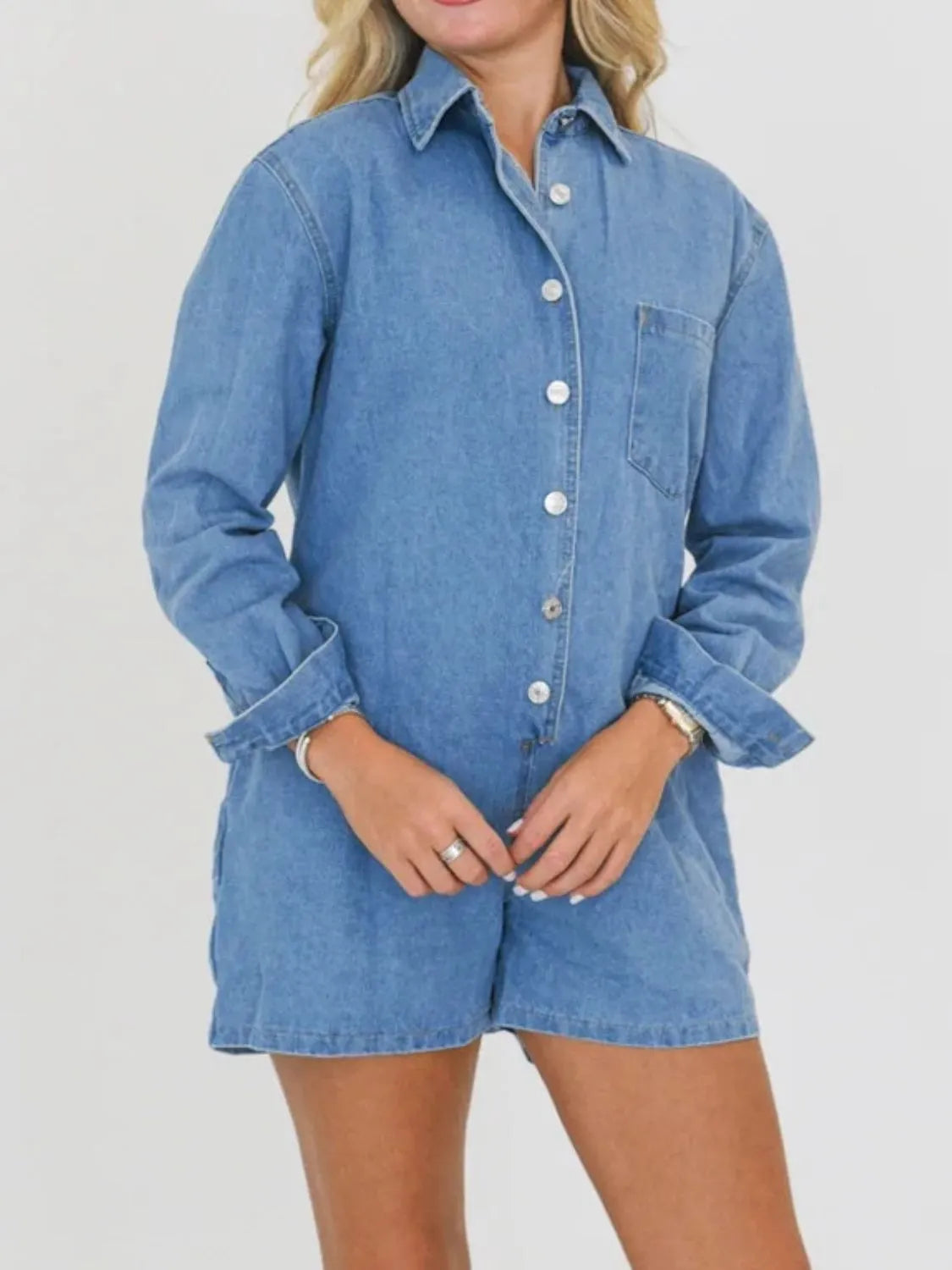 Button Front Long Sleeve Denim Romper