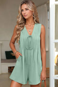Tie V Neck Pintuck Sleeveless Loose Romper