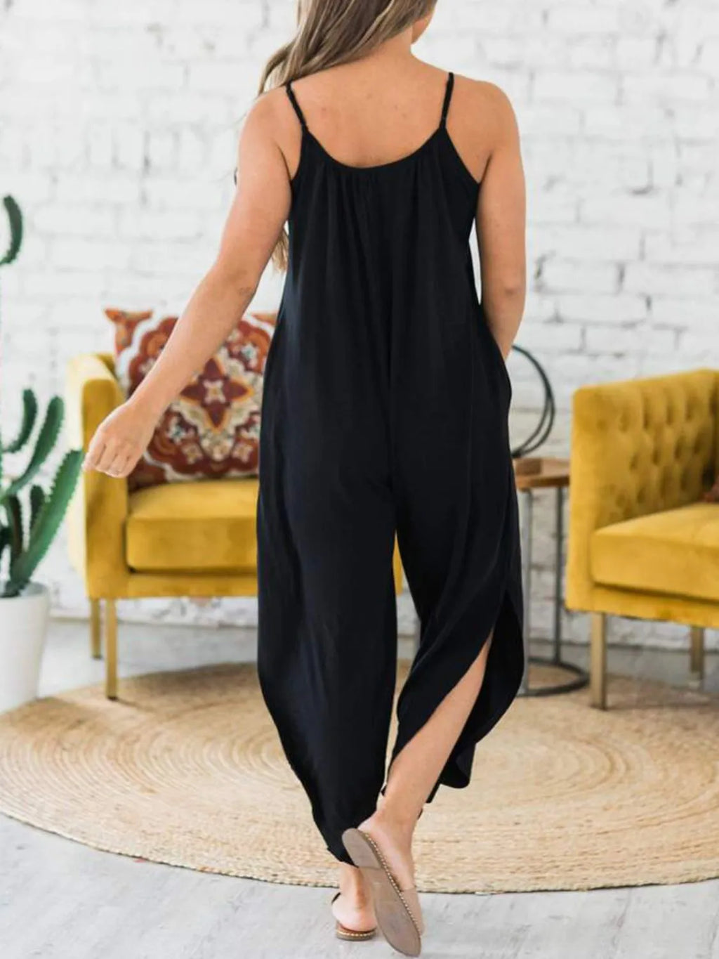 Slit Spaghetti Strap Jumpsuit with Pockets