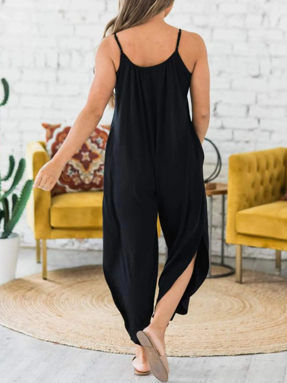 Slit Spaghetti Strap Jumpsuit with Pockets