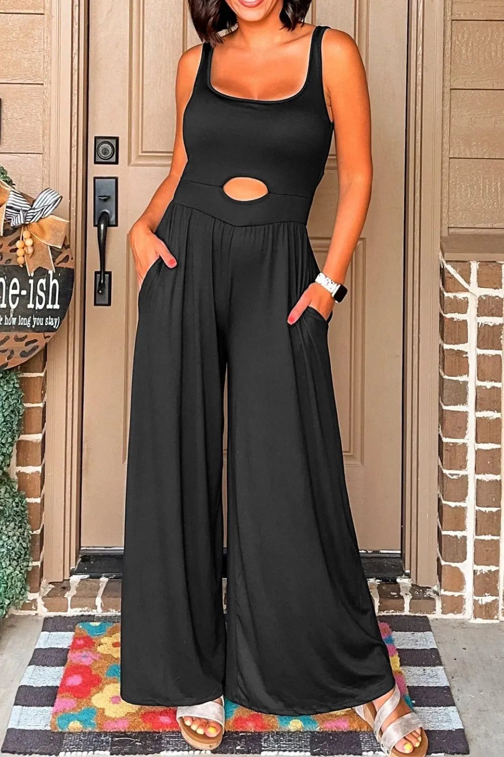 Cutout Scoop Neck Wide Strap Jumpsuit