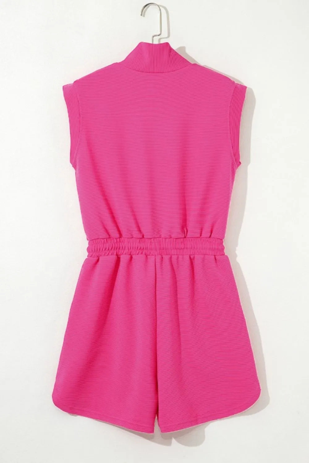 Textured Short Sleeve Half Zip Drawstring Waist Romper