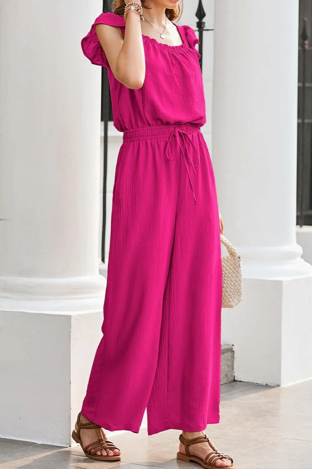 Ruffled Cap Sleeve Wide Leg Jumpsuit