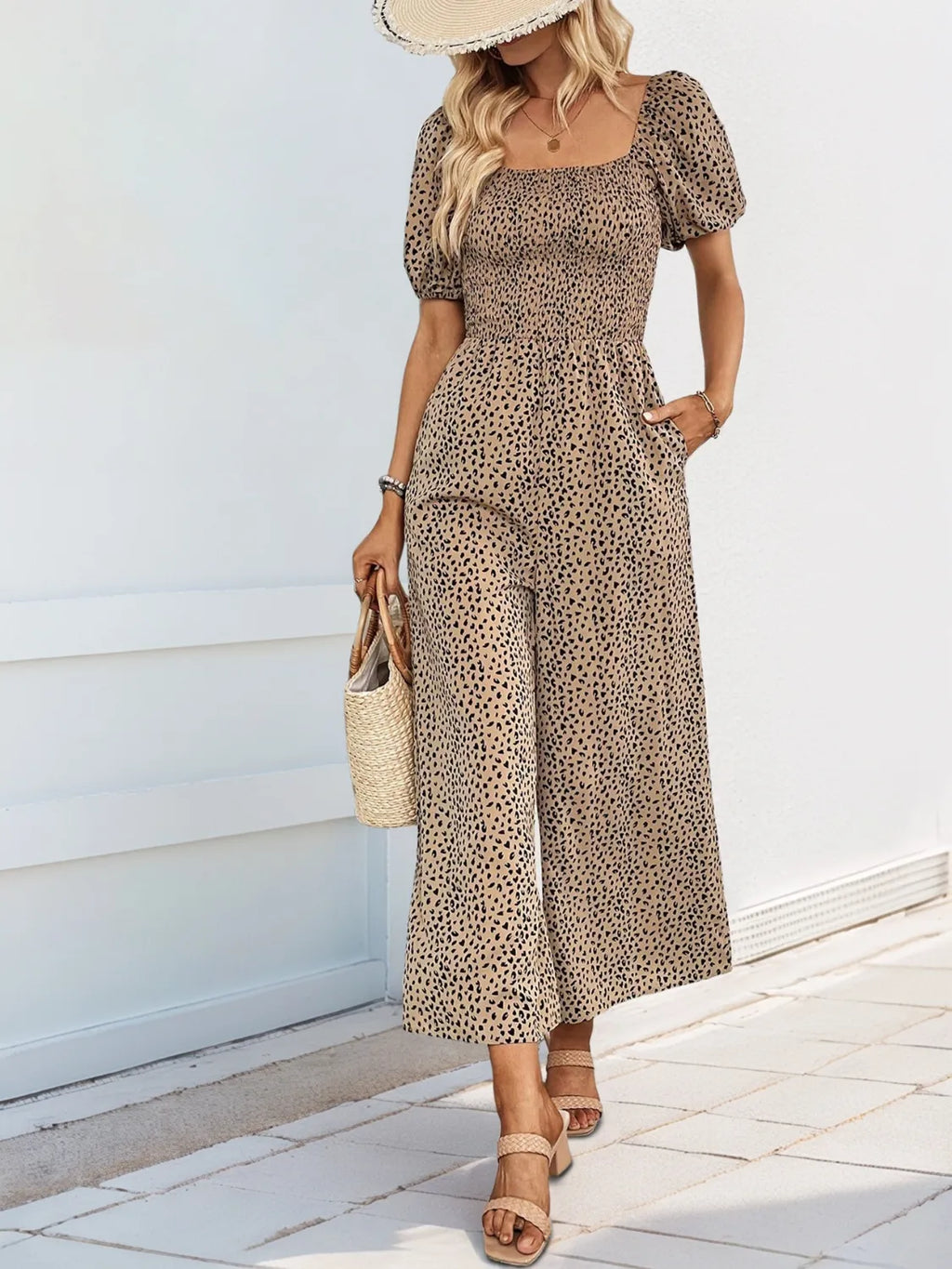 Printed Square Neck Puff Sleeve Jumpsuit