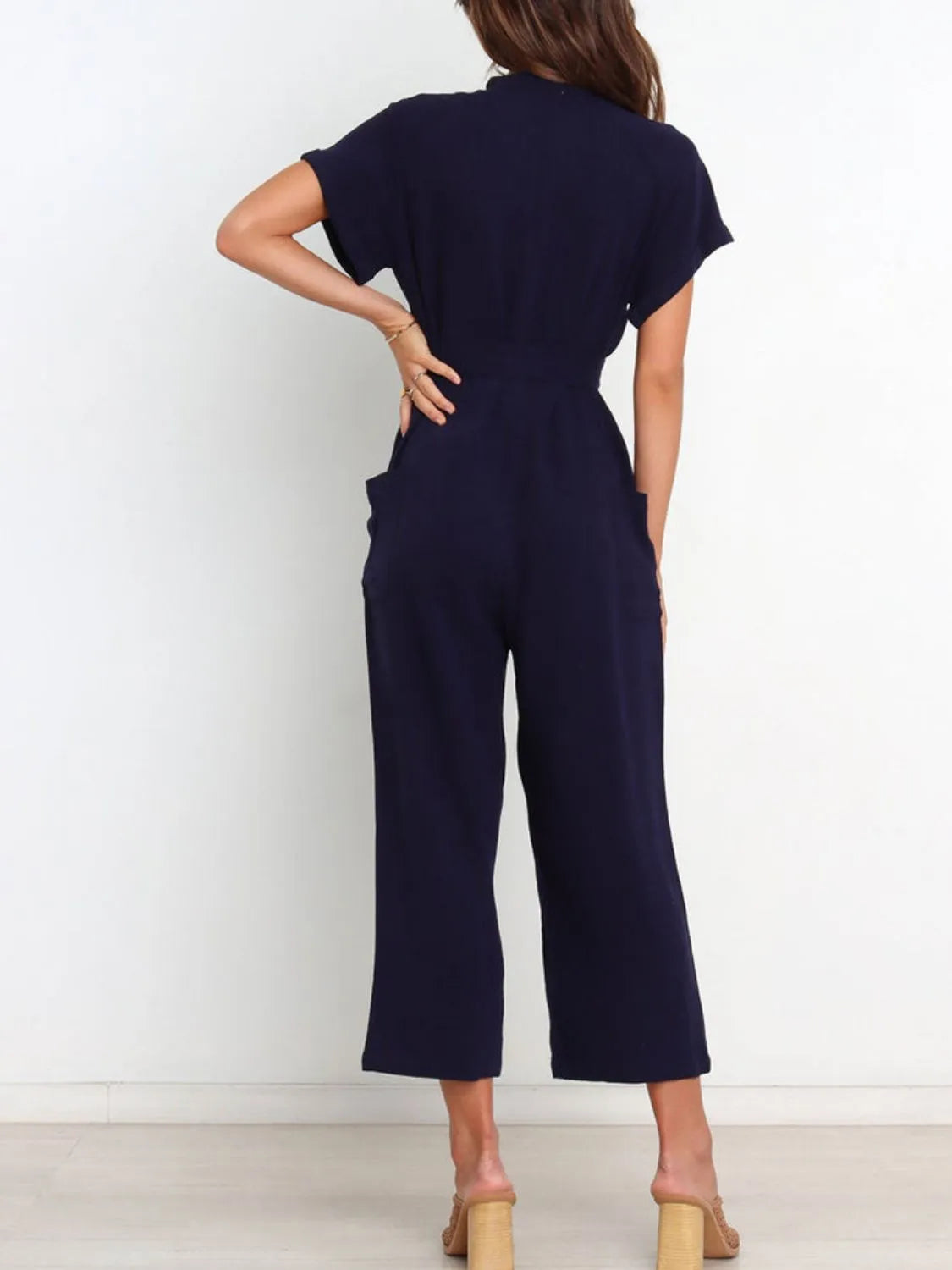 Notched Short Sleeve Tie Waist Jumpsuit