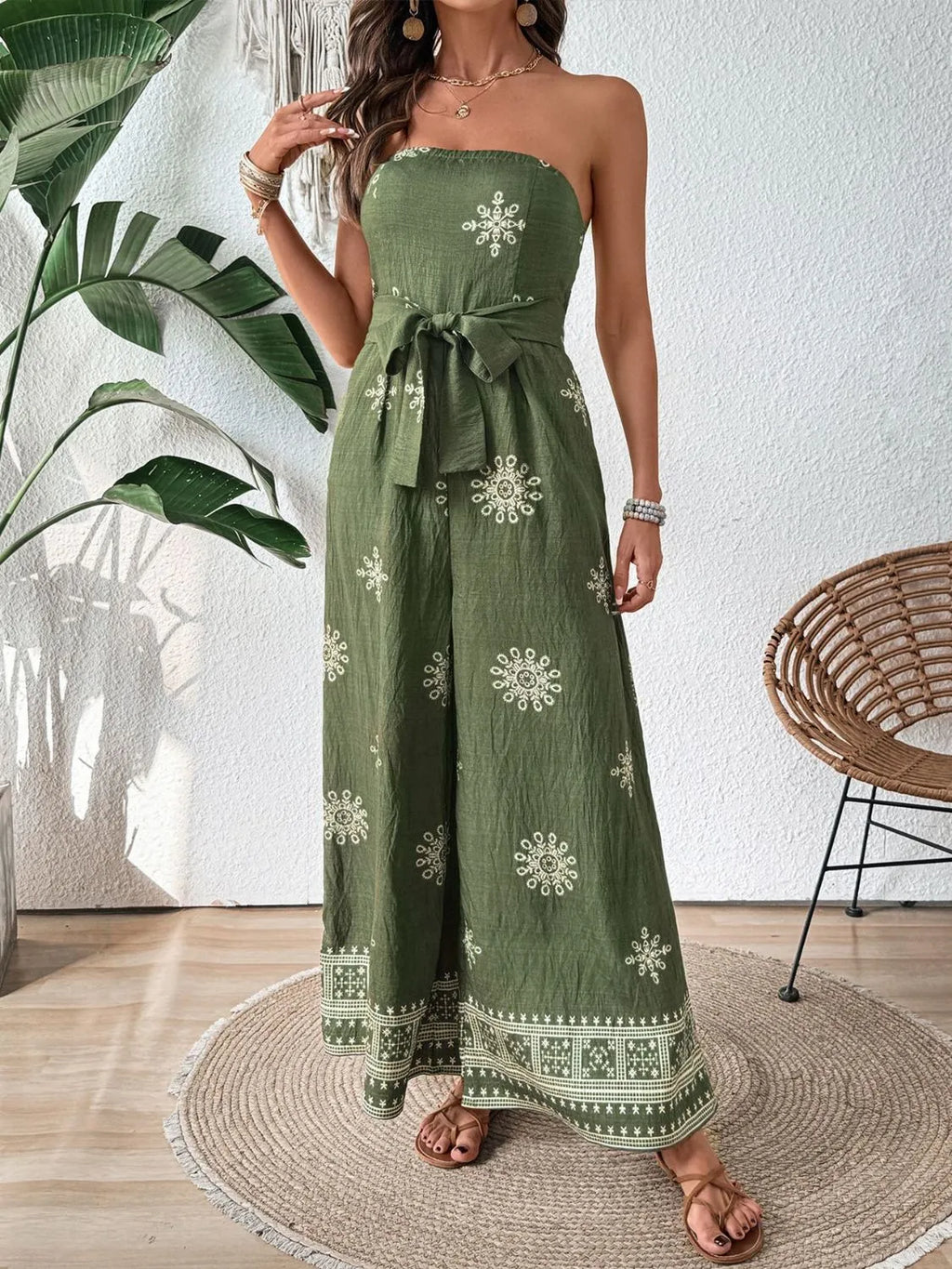 Printed Wide Leg Tube Jumpsuit