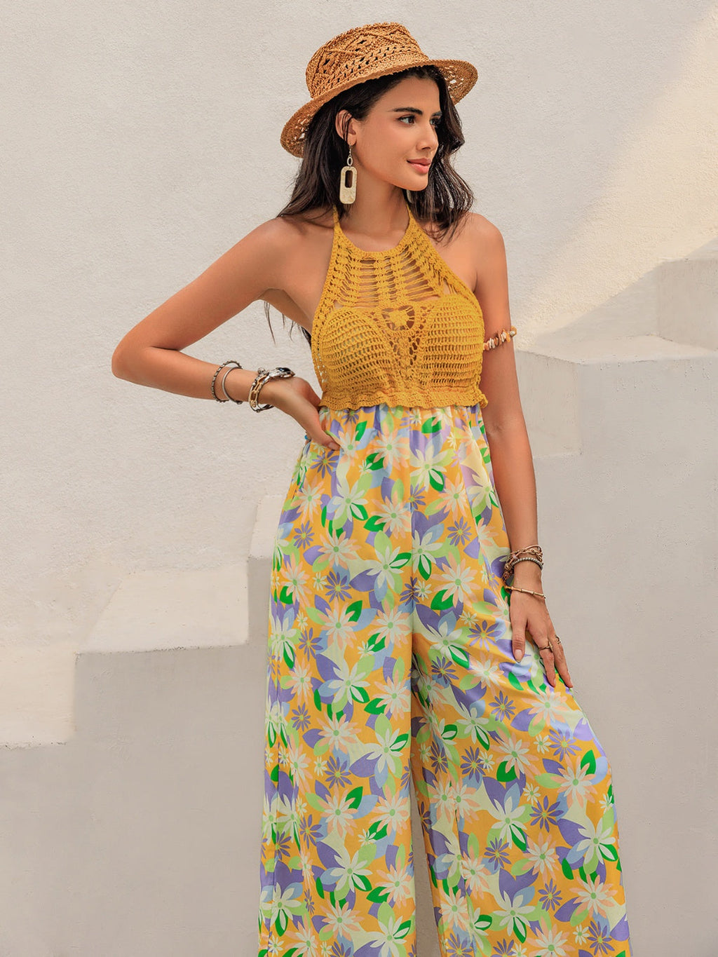 Openwork Halter Neck Floral Wide Leg Jumpsuit