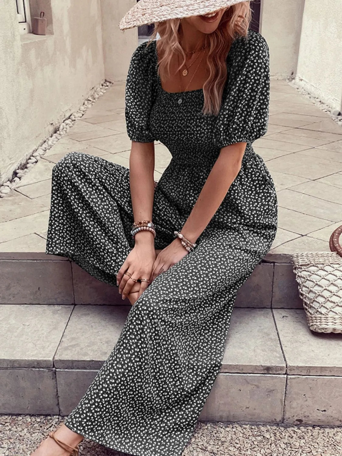 Printed Square Neck Puff Sleeve Jumpsuit