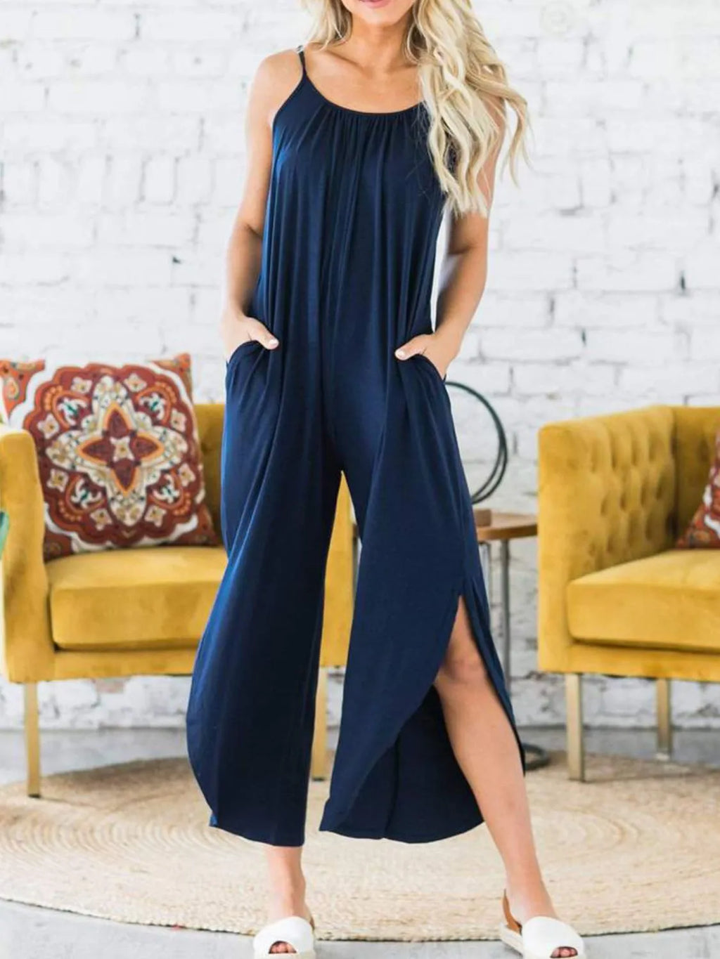 Slit Spaghetti Strap Jumpsuit with Pockets