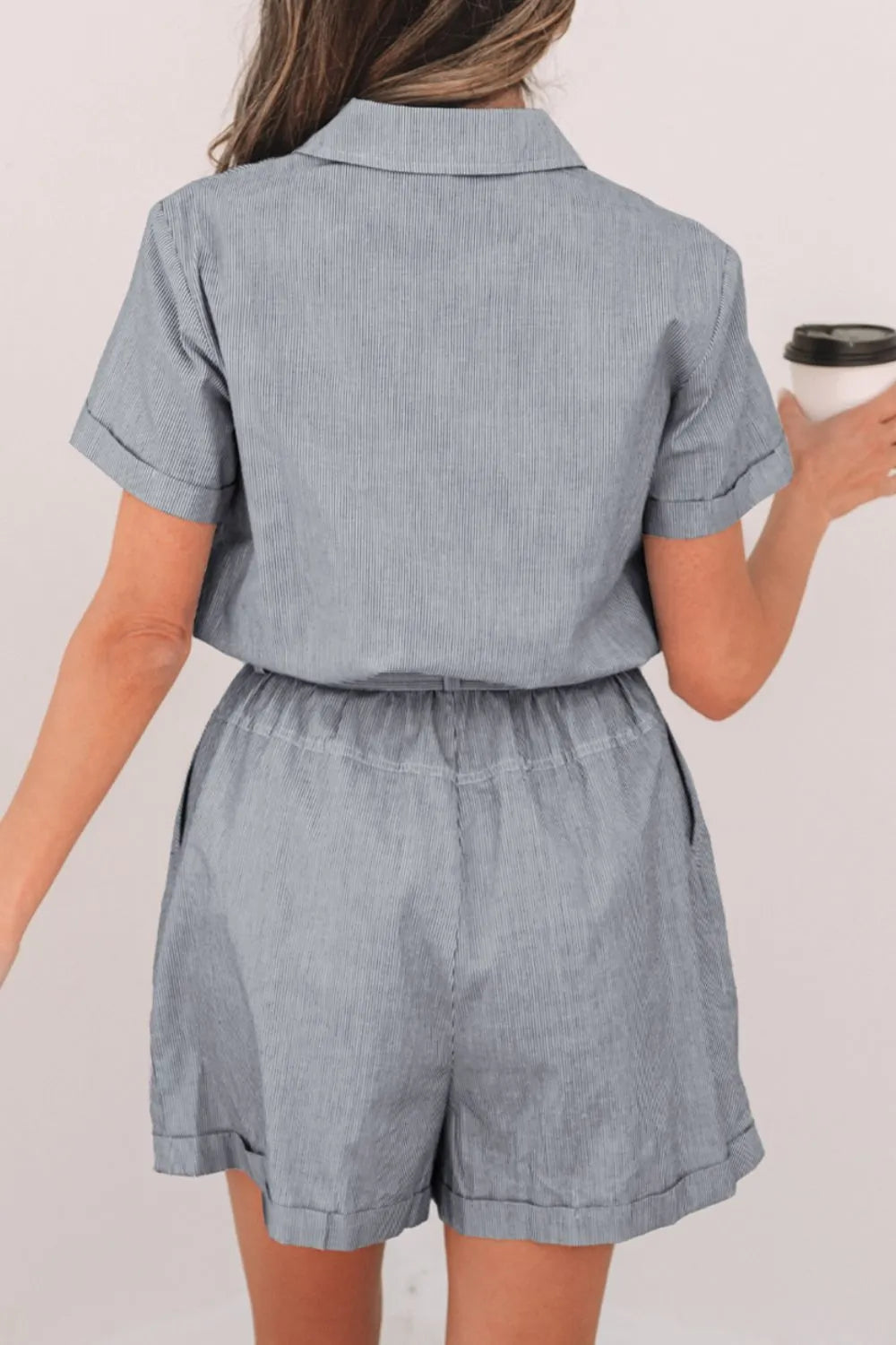 Stripe Chest Pockets Tie Waist Romper