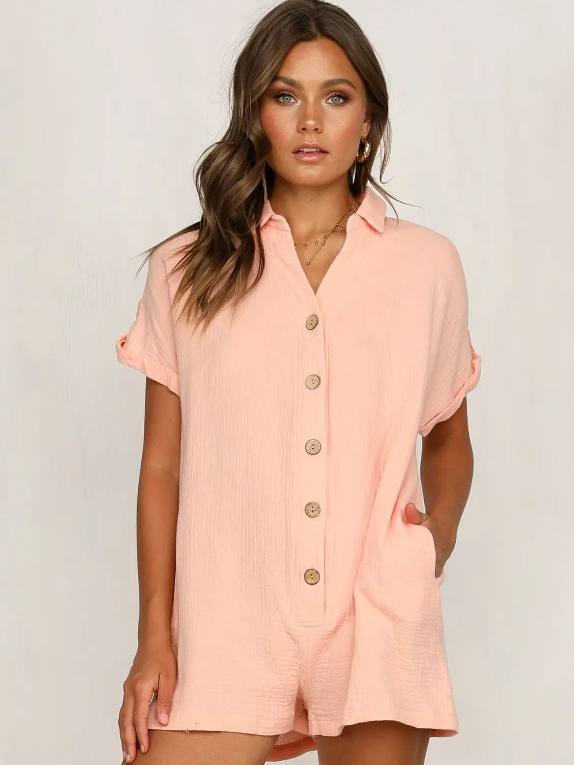 Button Front Short Sleeve Romper