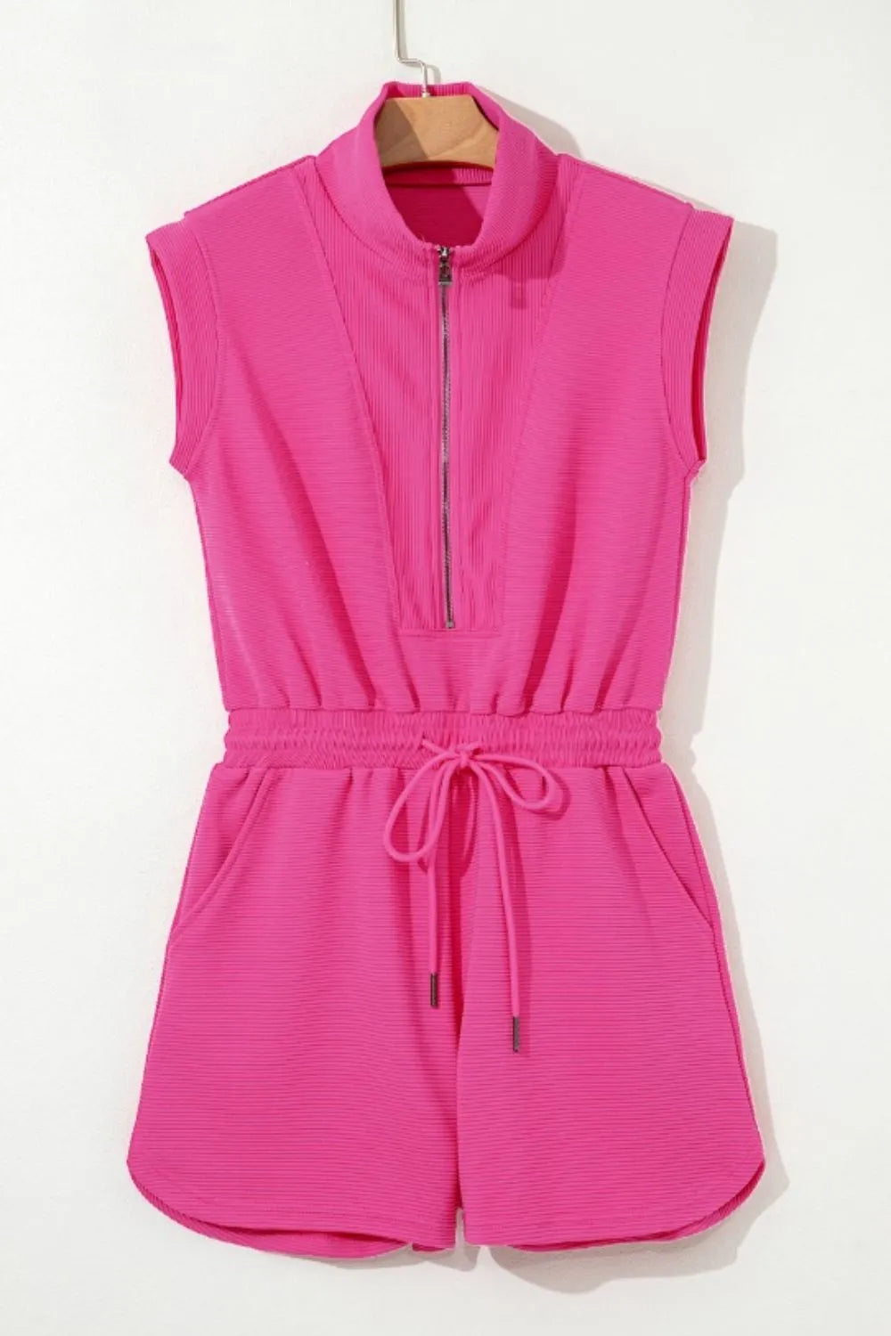 Textured Short Sleeve Half Zip Drawstring Waist Romper