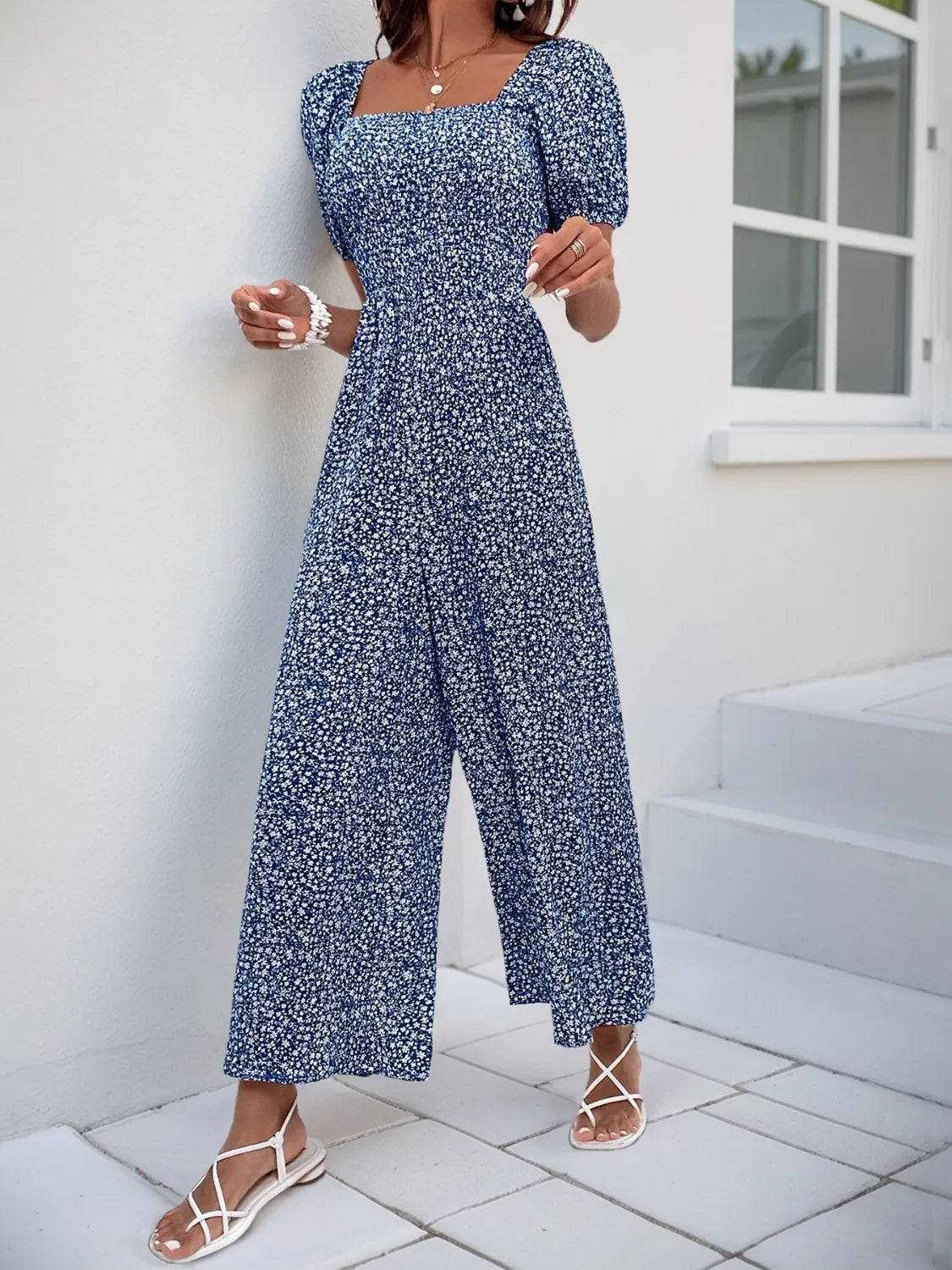 Printed Square Neck Puff Sleeve Jumpsuit