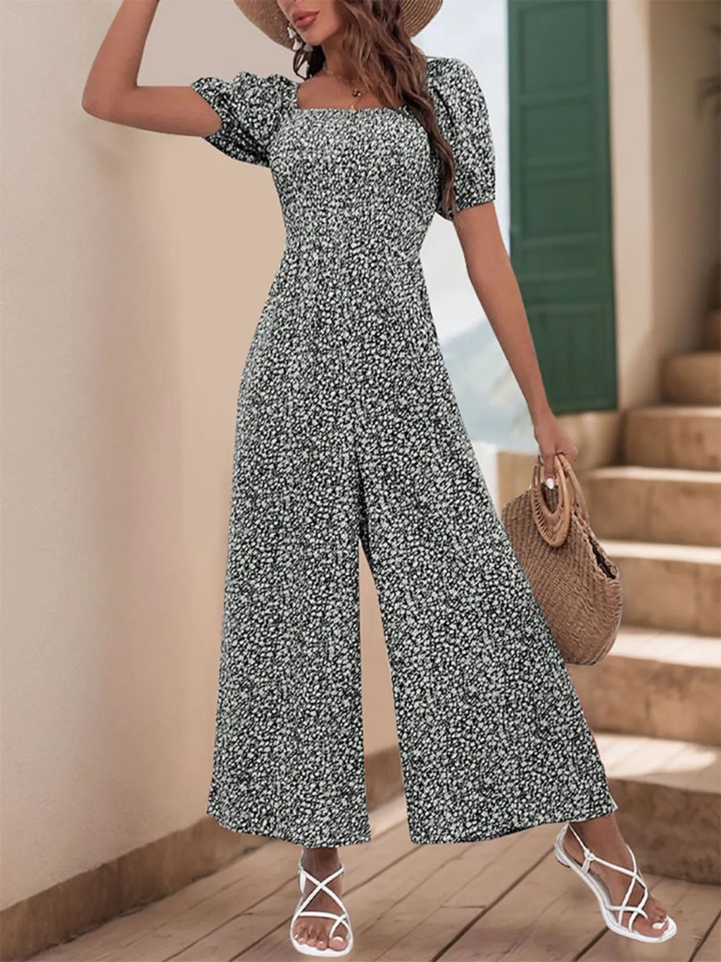 Printed Square Neck Puff Sleeve Jumpsuit