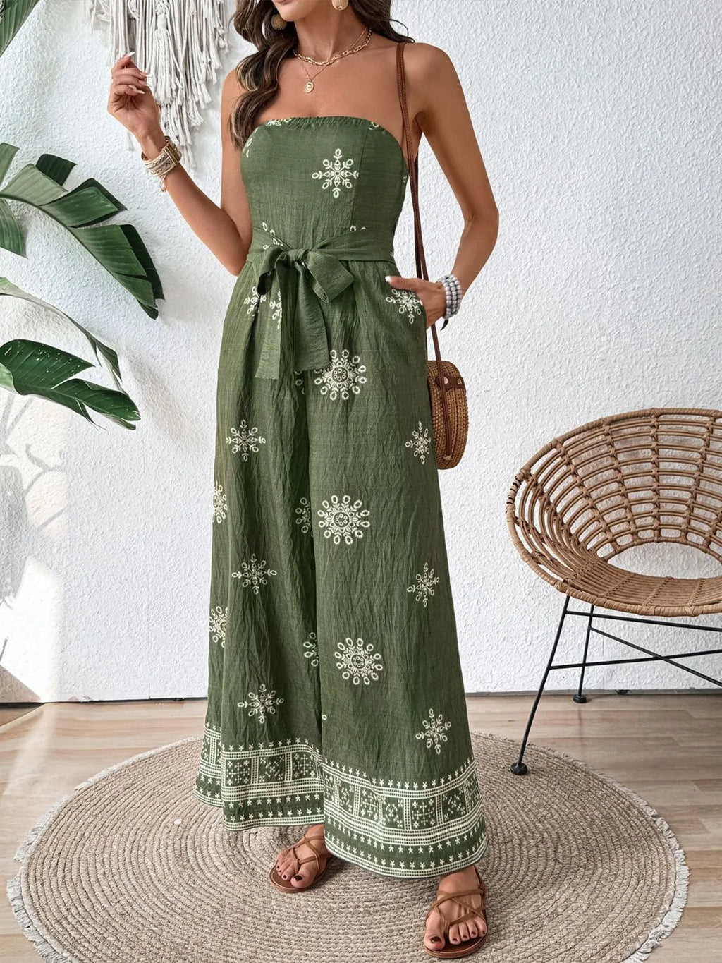 Printed Wide Leg Tube Jumpsuit