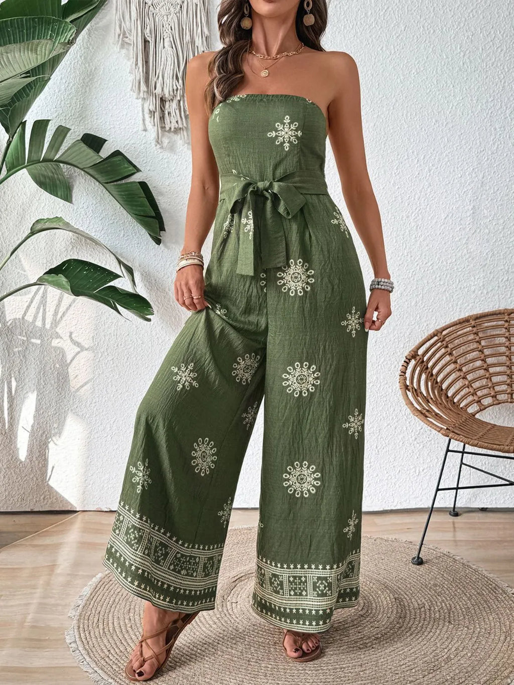 Printed Wide Leg Tube Jumpsuit