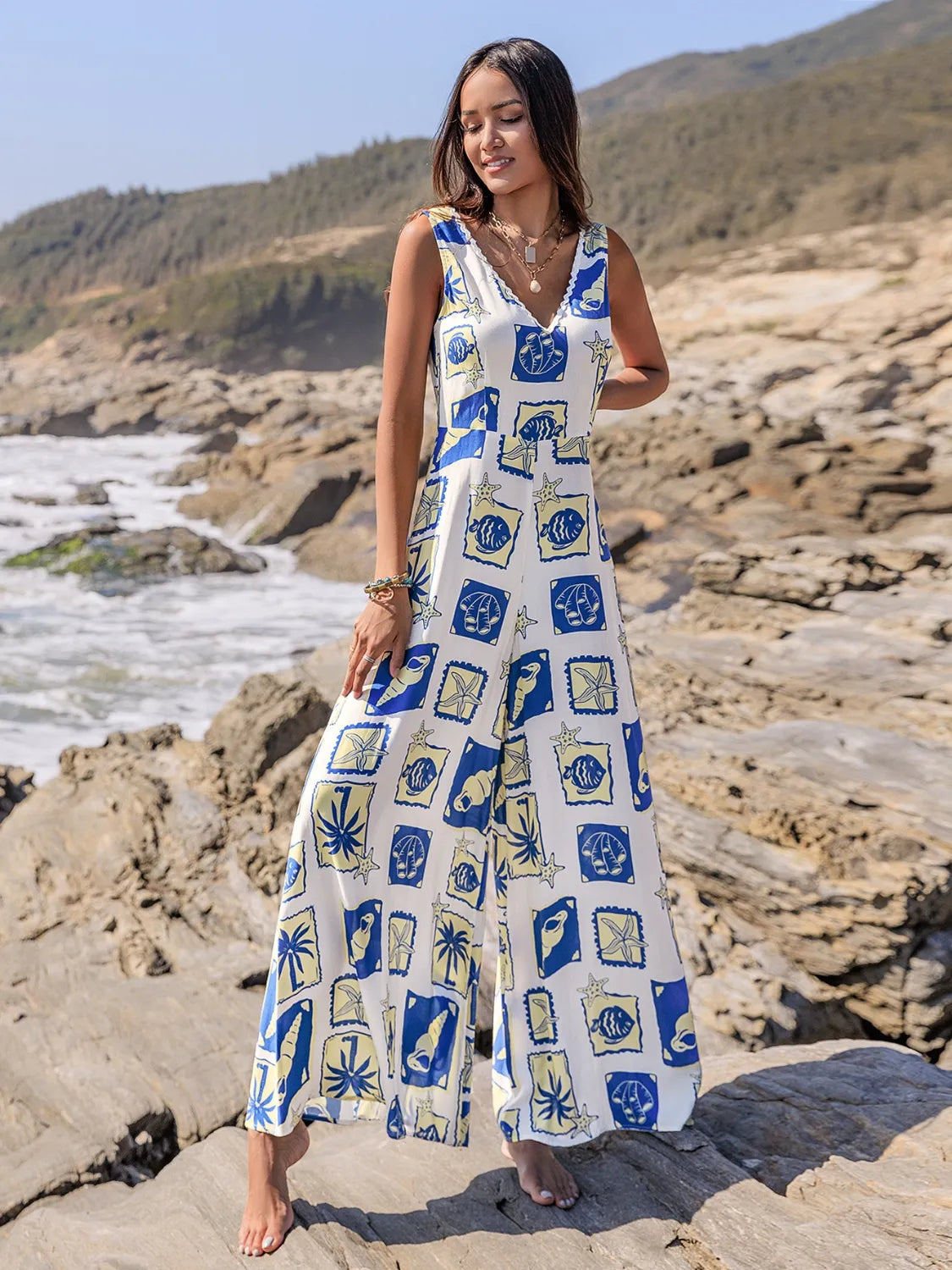 Printed V-Neck Wide Leg Jumpsuit