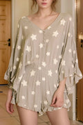 Star Print Crinkle Textured Kimono Ruffle Sleeve Romper