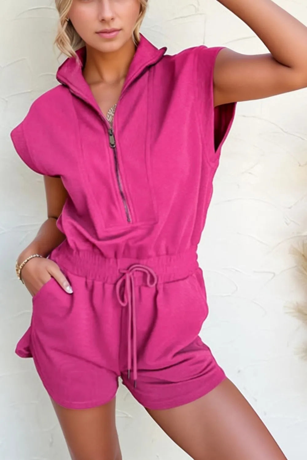 Textured Short Sleeve Half Zip Drawstring Waist Romper