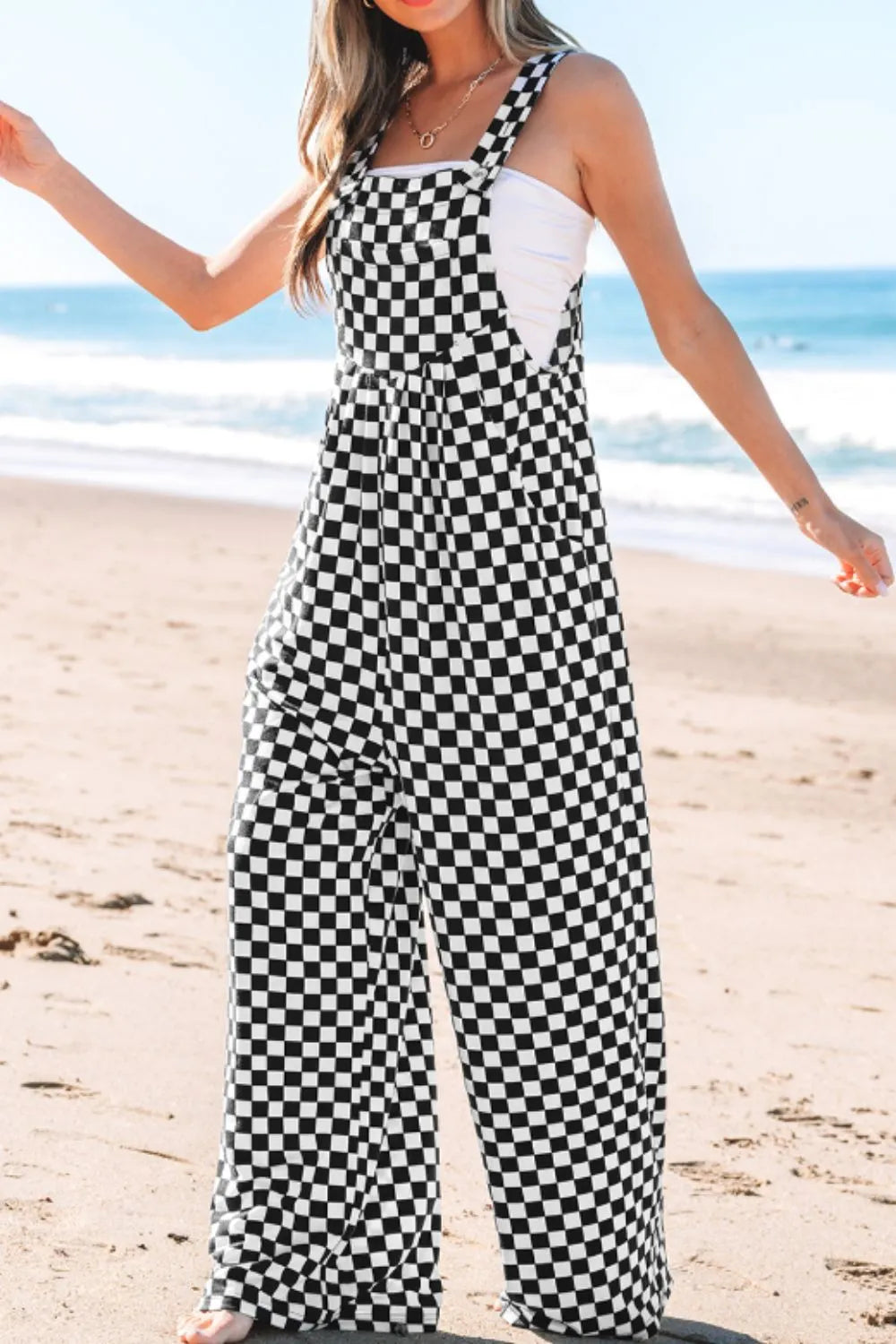 Checkered Print Pocketed Wide Leg Jumpsuit