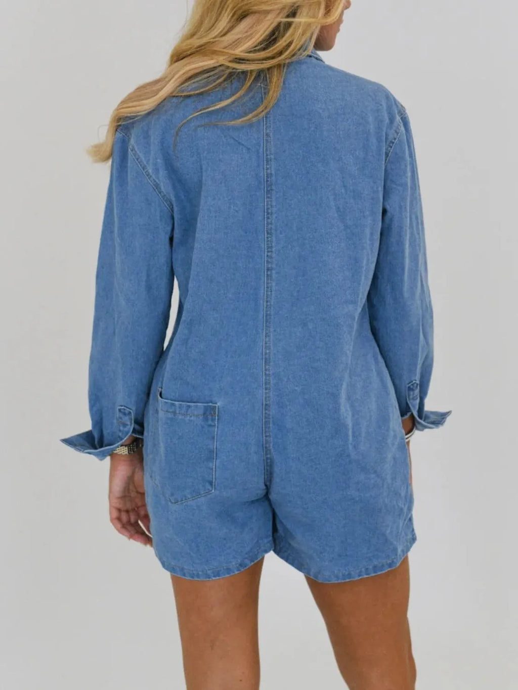 Button Front Long Sleeve Denim Romper
