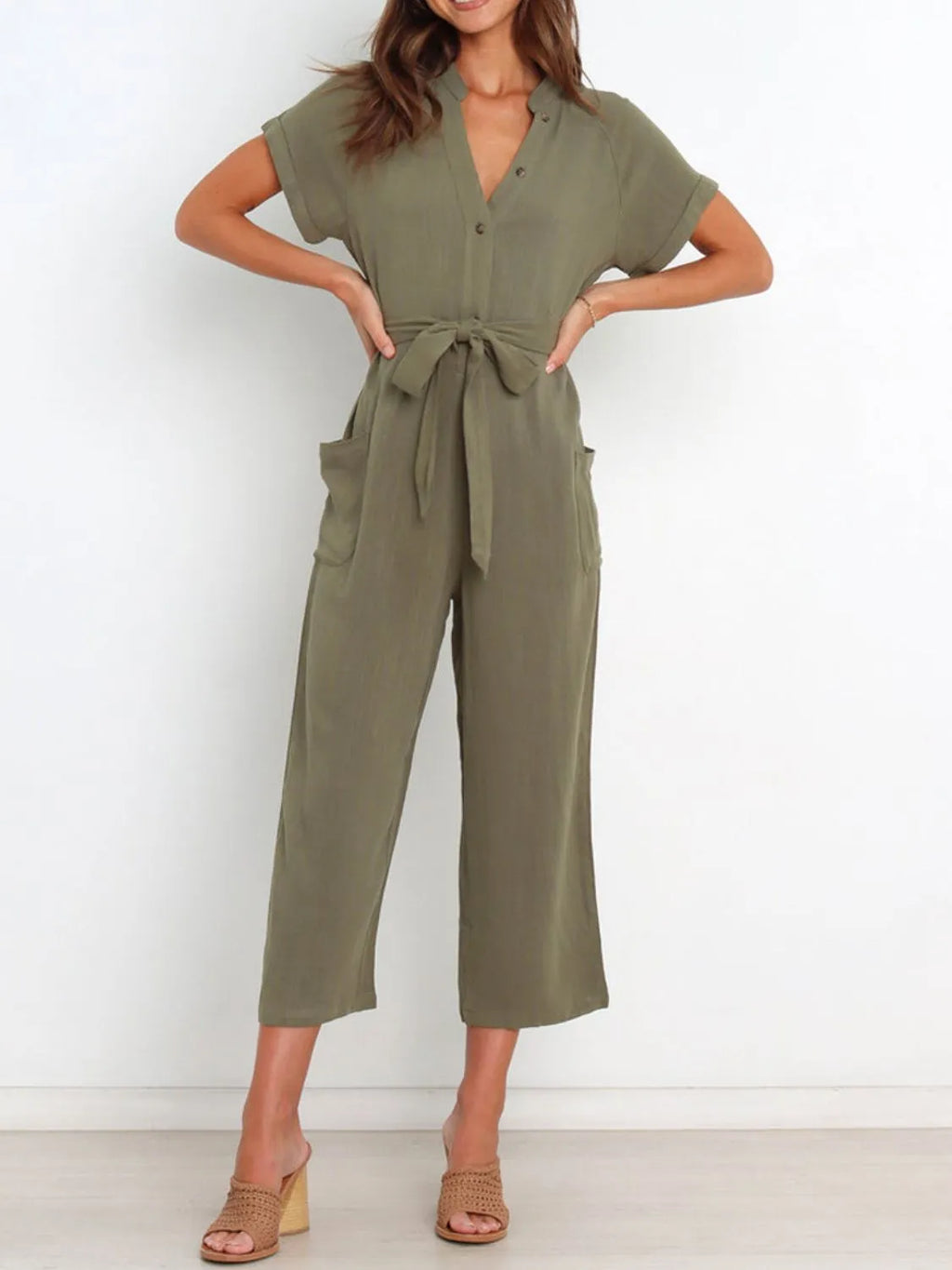 Notched Short Sleeve Tie Waist Jumpsuit