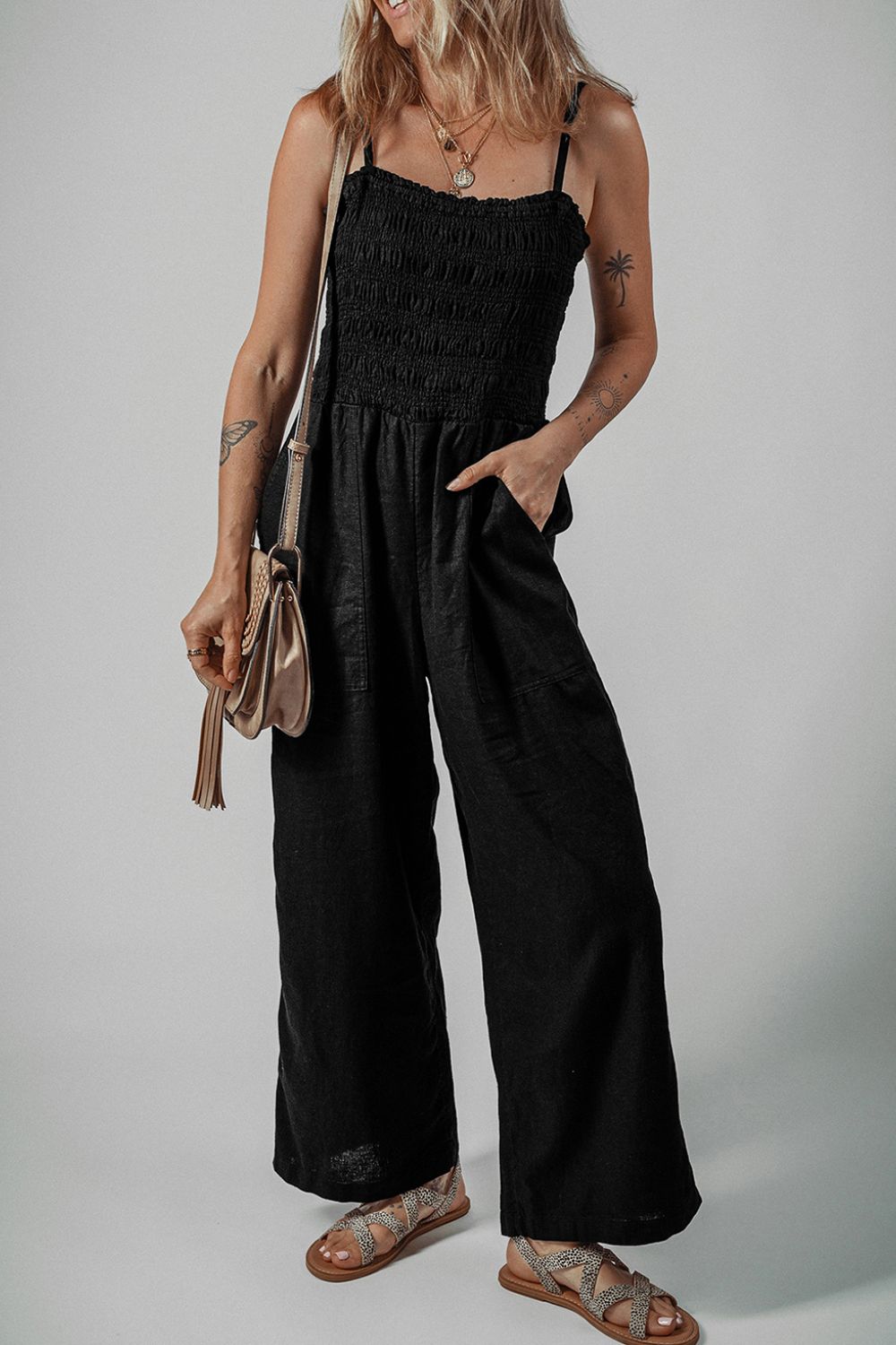 Smocked Spaghetti Straps Wide Leg Jumpsuit