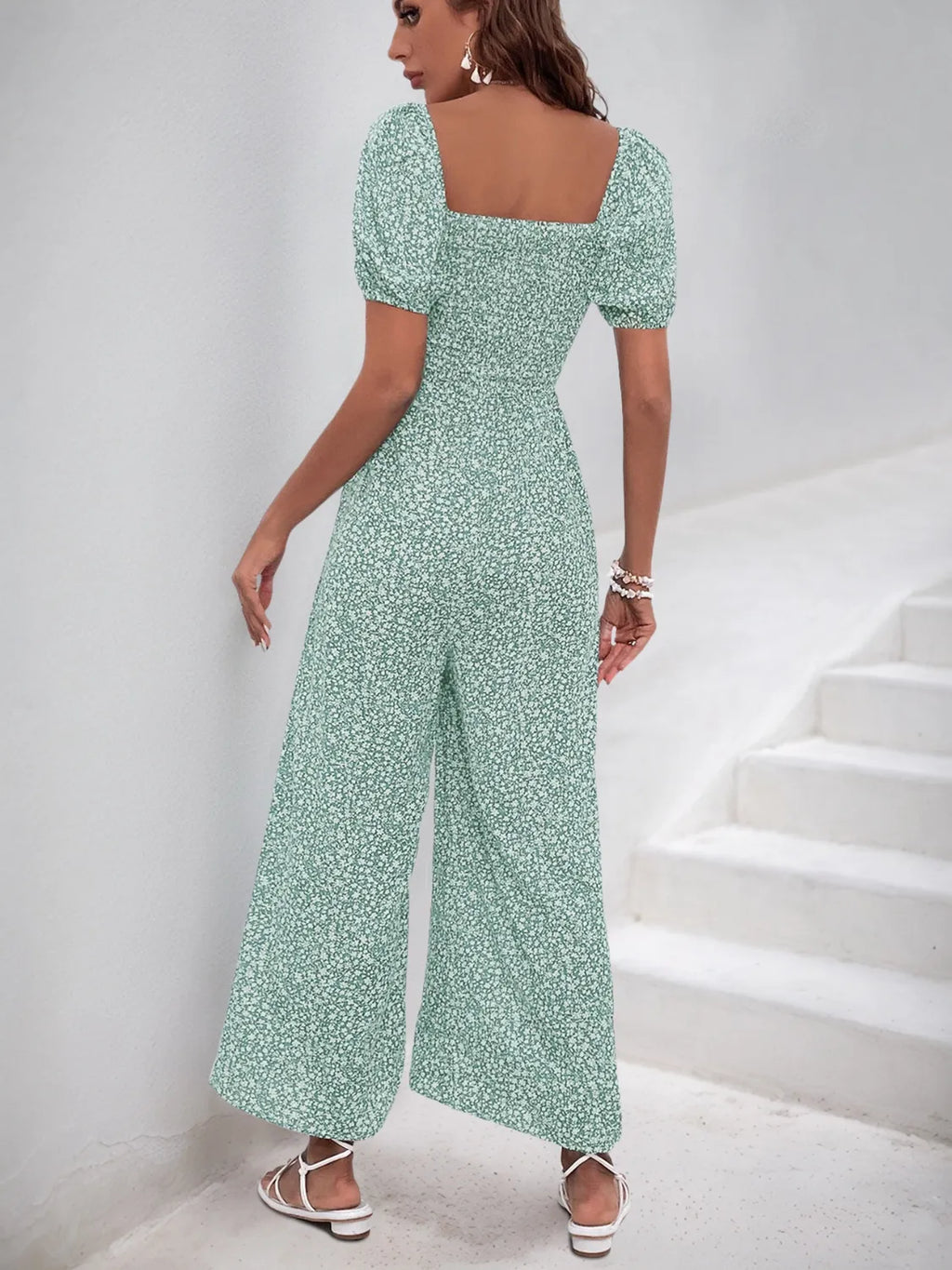 Printed Square Neck Puff Sleeve Jumpsuit