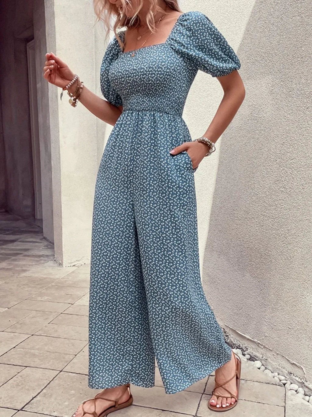 Printed Square Neck Puff Sleeve Jumpsuit