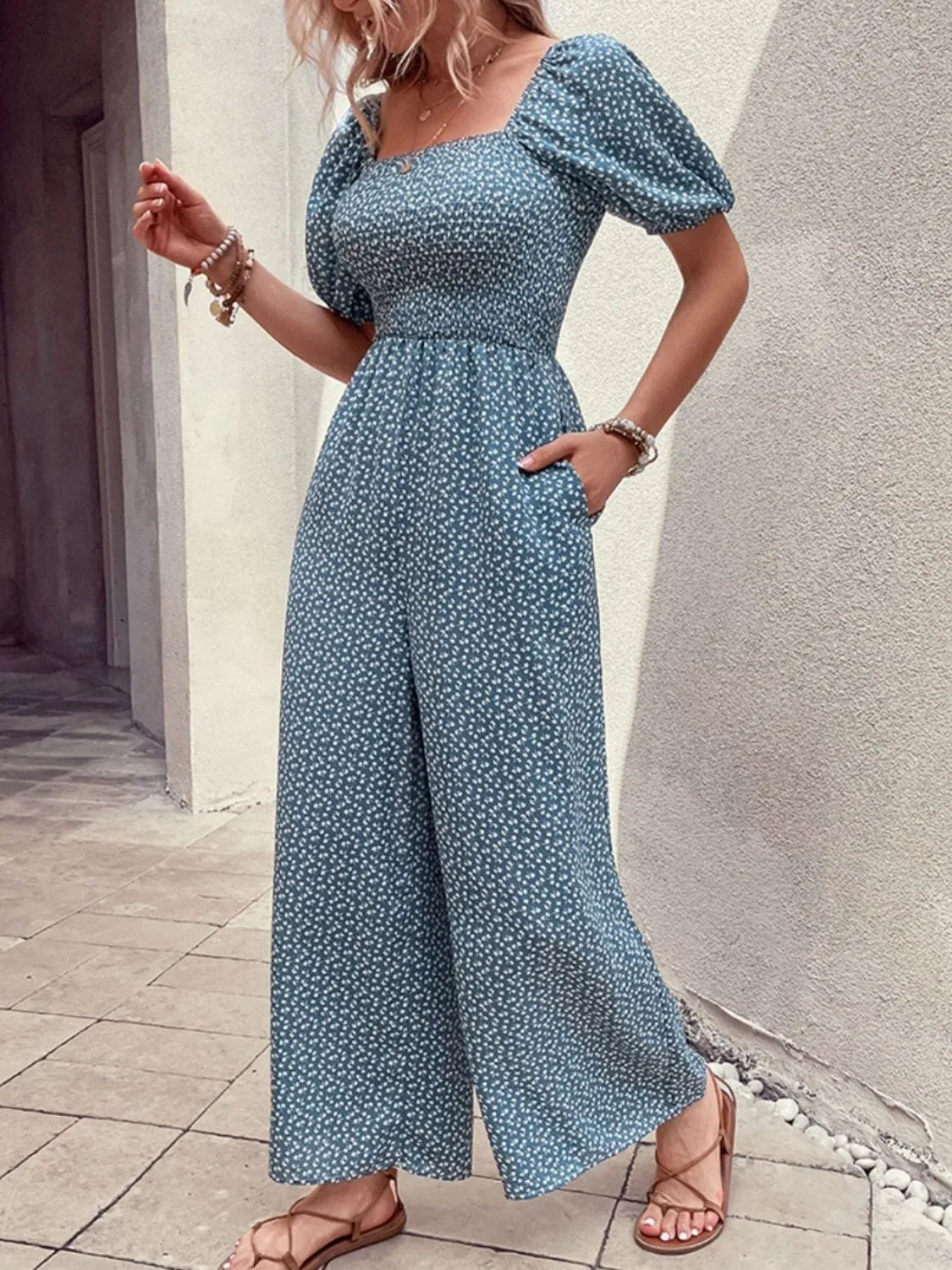 Printed Square Neck Puff Sleeve Jumpsuit