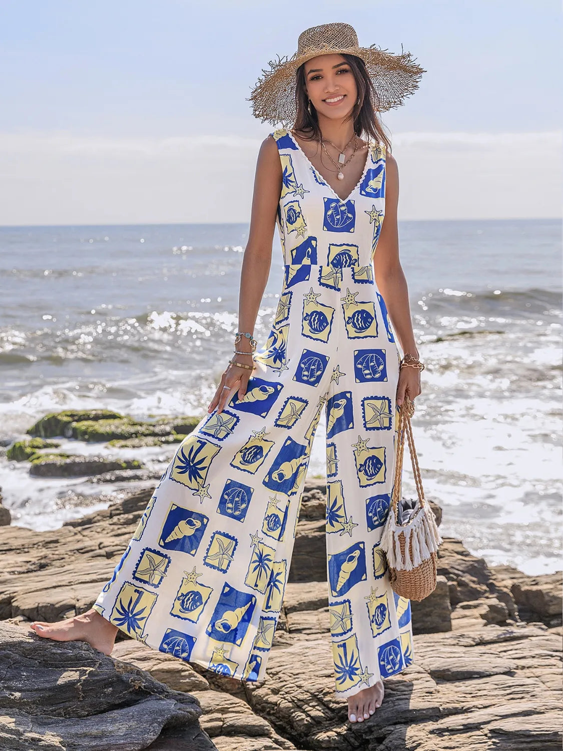 Printed V-Neck Wide Leg Jumpsuit