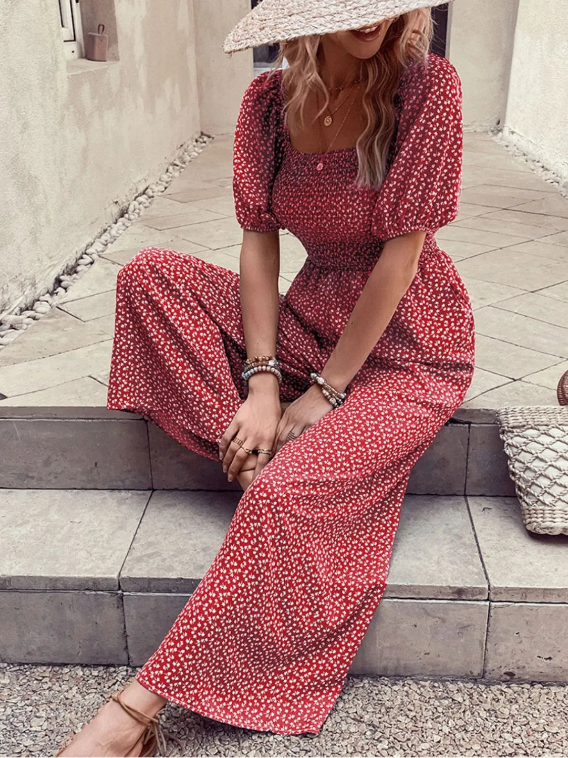 Printed Square Neck Puff Sleeve Jumpsuit
