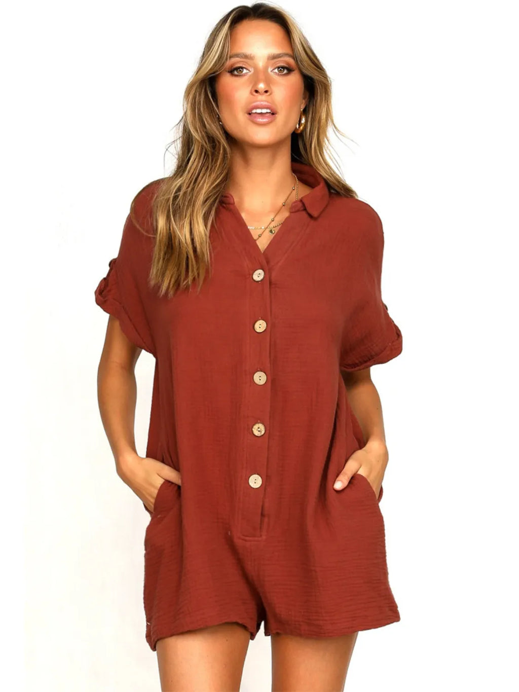 Button Front Short Sleeve Romper