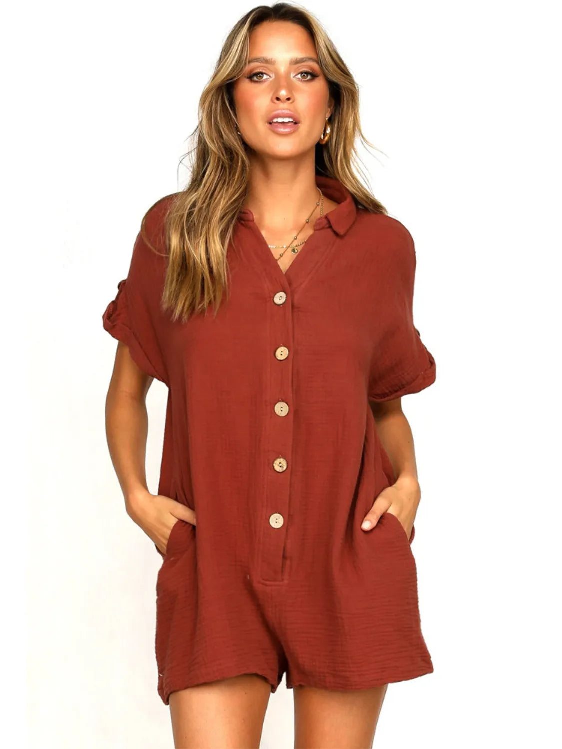 Button Front Short Sleeve Romper