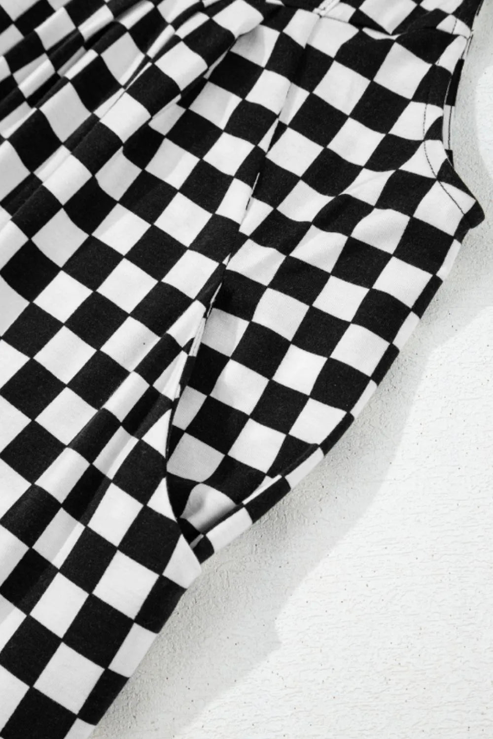 Checkered Print Pocketed Wide Leg Jumpsuit