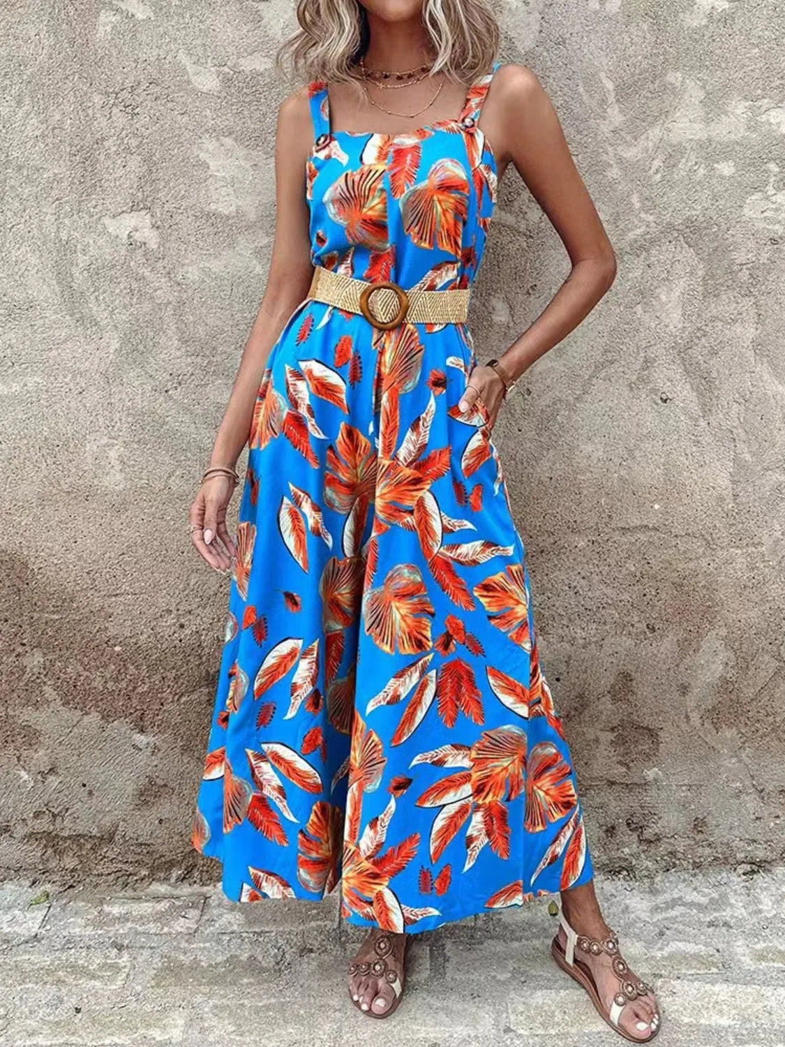 Printed Tropical Jumpsuit with Belted
